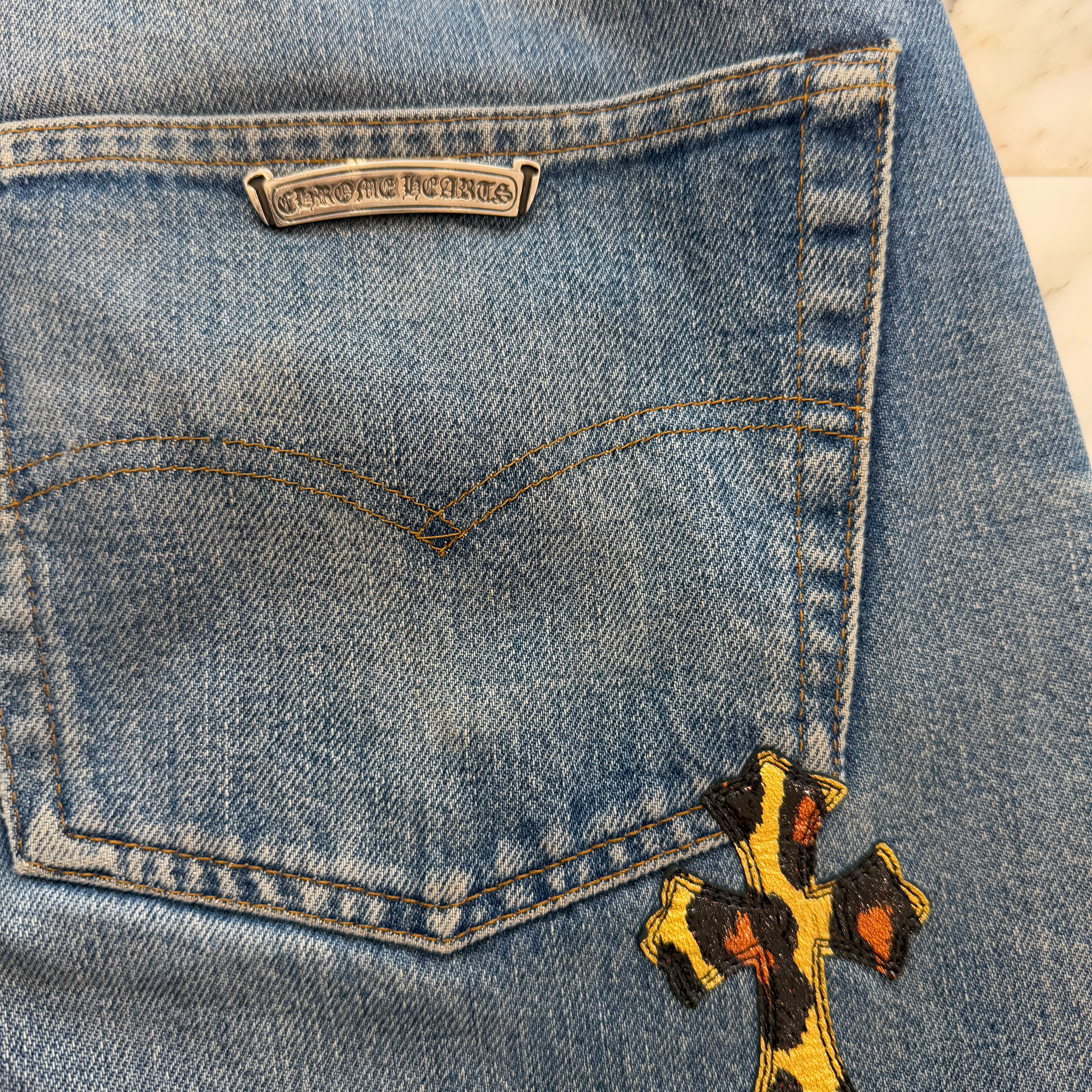 CHROME HEARTS × Levi's 501 VNTG Patent Leopard Leather Cross Patch Jeans Size 33 クロムハーツ × リーバイス 501 ヴィンテージ パテント レオパード レザークロスパッチ ジーンズ デニムパンツ サイズ33