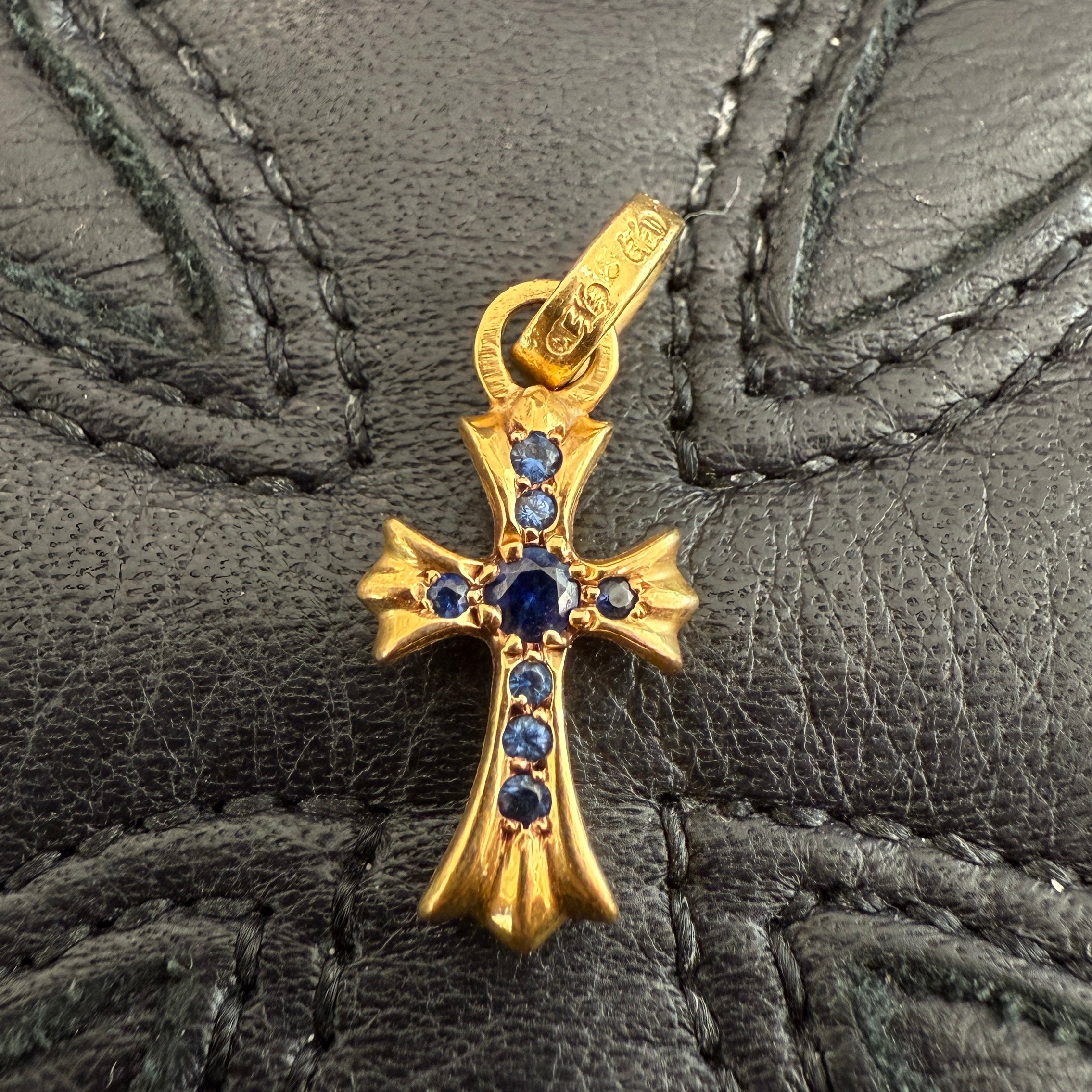 CHROME HEARTS 22K Baby Fat Cross Pave Sapphire Pendant Top