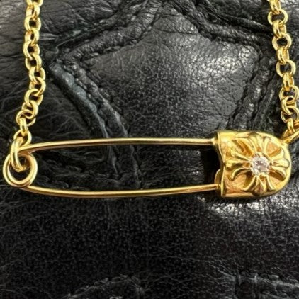 CHROME HEARTS 22K Safety Pin 1 Diamond Roll Chain Necklace Size 18 Inch クロムハーツ 22K セーフティピン 1ダイヤモンド ロールチェーン ネックレス 18インチ