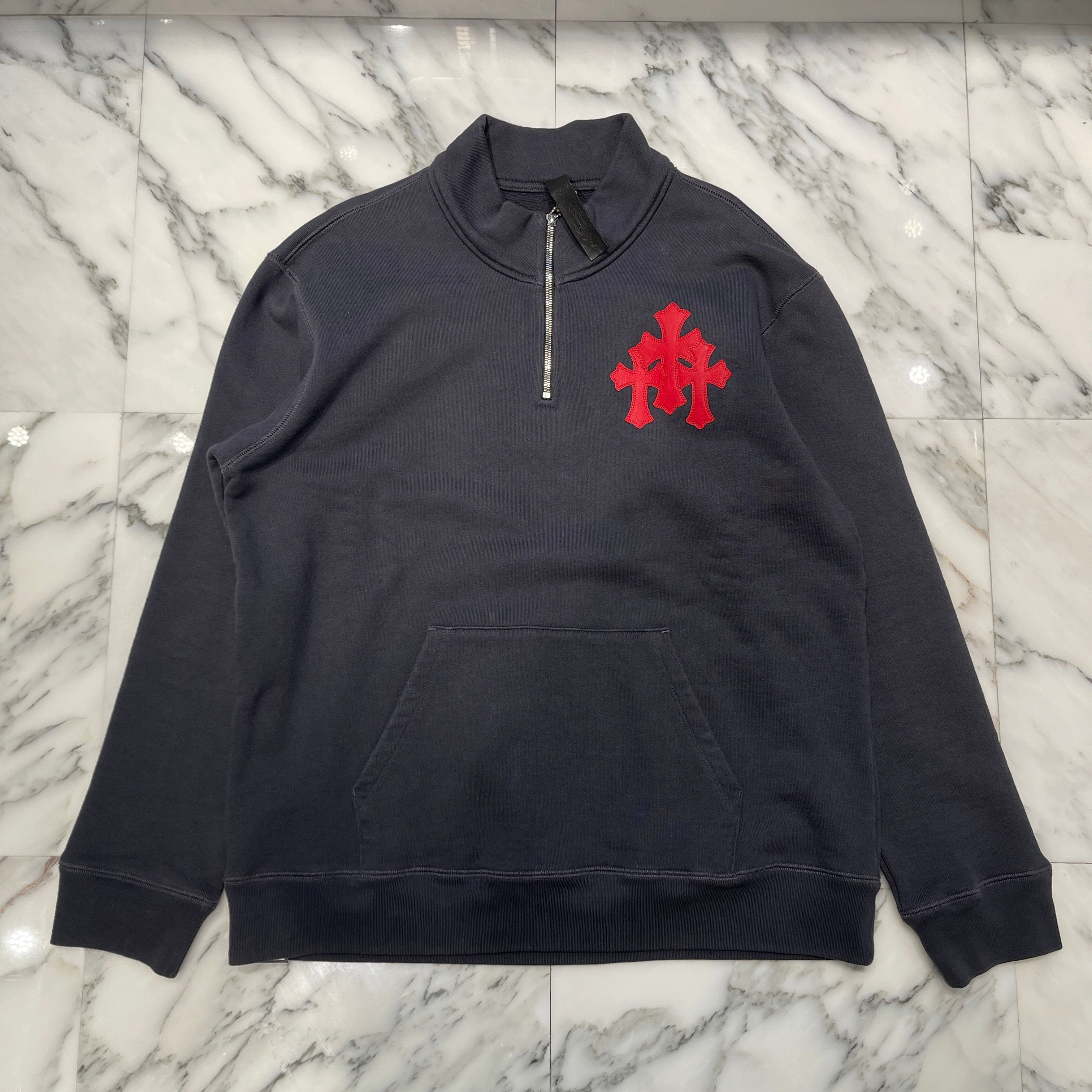 CHROME HEARTS Y NOT Triple Cross Leather Patch Half Zip Sweat Shirt Size L クロムハーツ ワイノット トリプルクロス レザーパッチ ハーフジップ スウェットシャツ サイズL