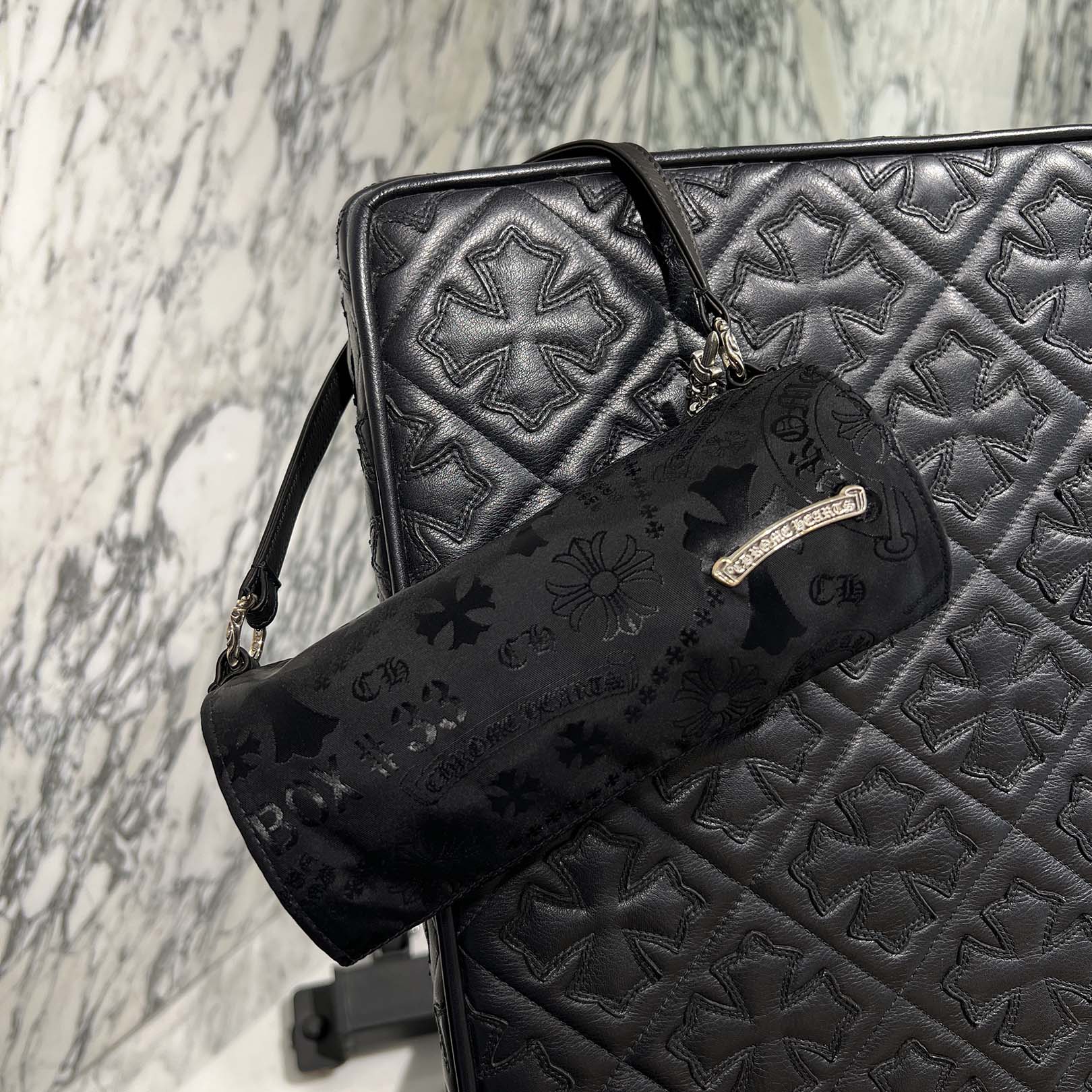 CHROME HEARTS Stencil Pattern GRINDS Nylon Leather Hand Bag クロムハーツ ステンシル柄 グラインズ ナイロンレザー切替 ハンドバッグ