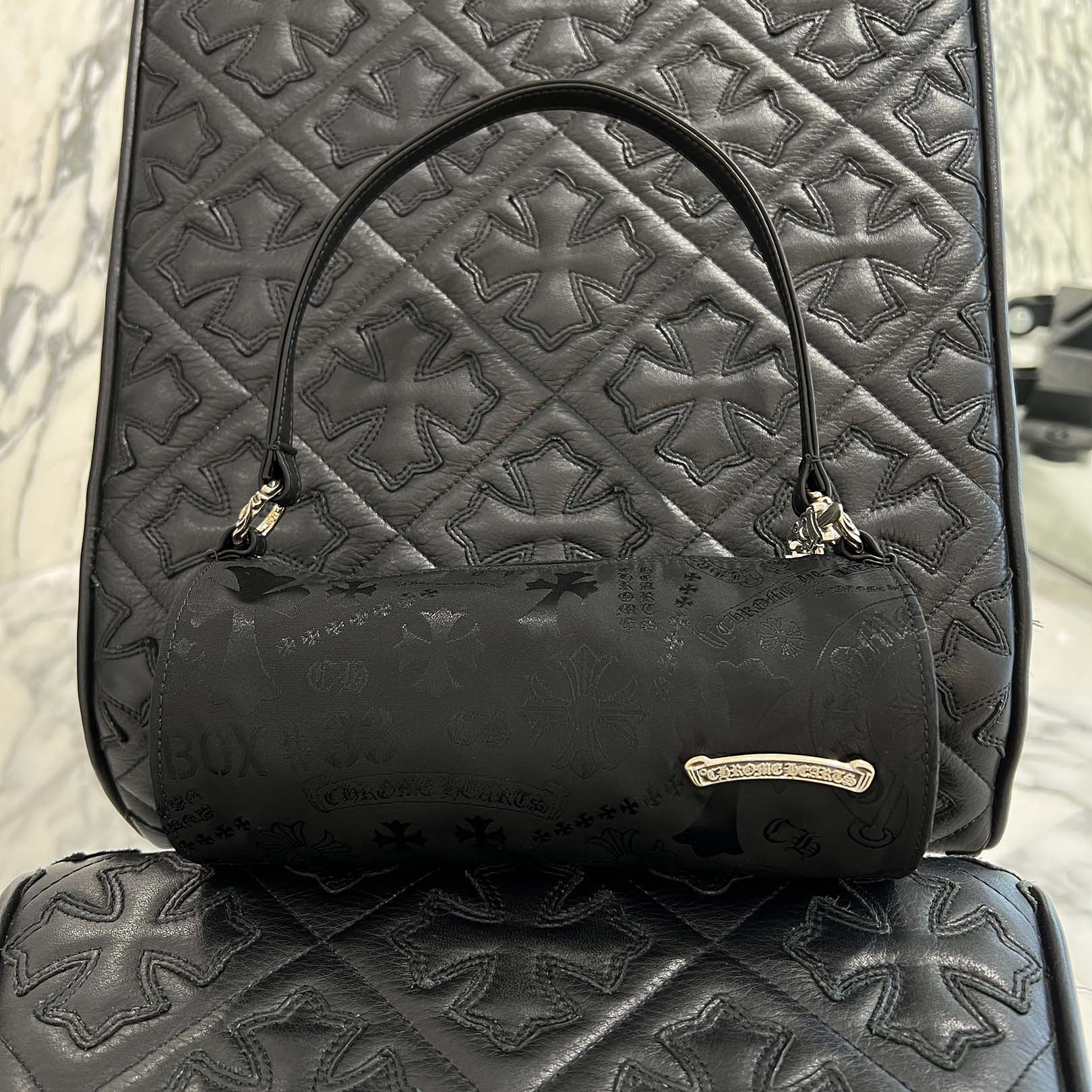 CHROME HEARTS Stencil Pattern GRINDS Nylon Leather Hand Bag クロムハーツ ステンシル柄 グラインズ ナイロンレザー切替 ハンドバッグ