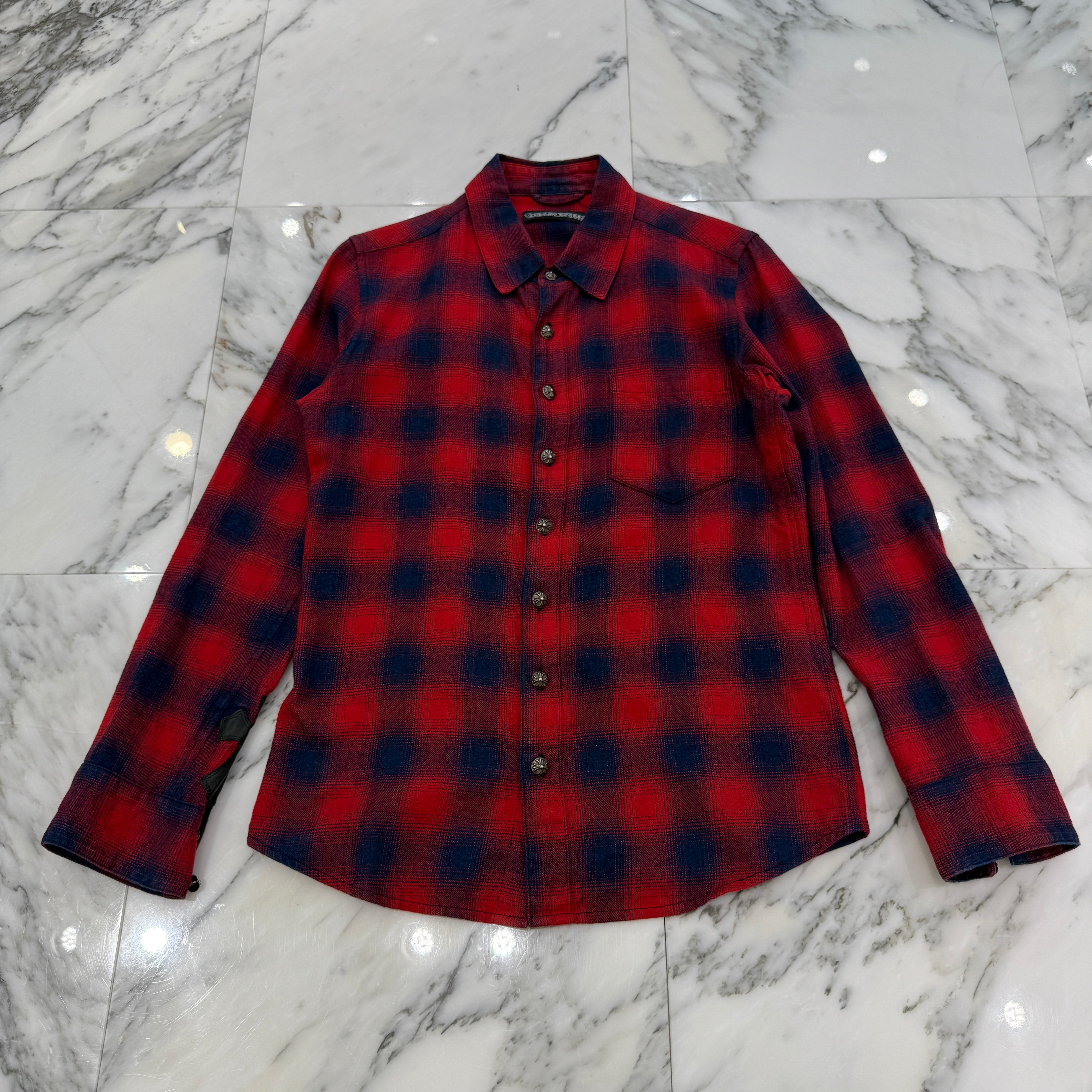 CHROME HEARTS Y NOT Leather Cross Patch Flannel Check Shirt