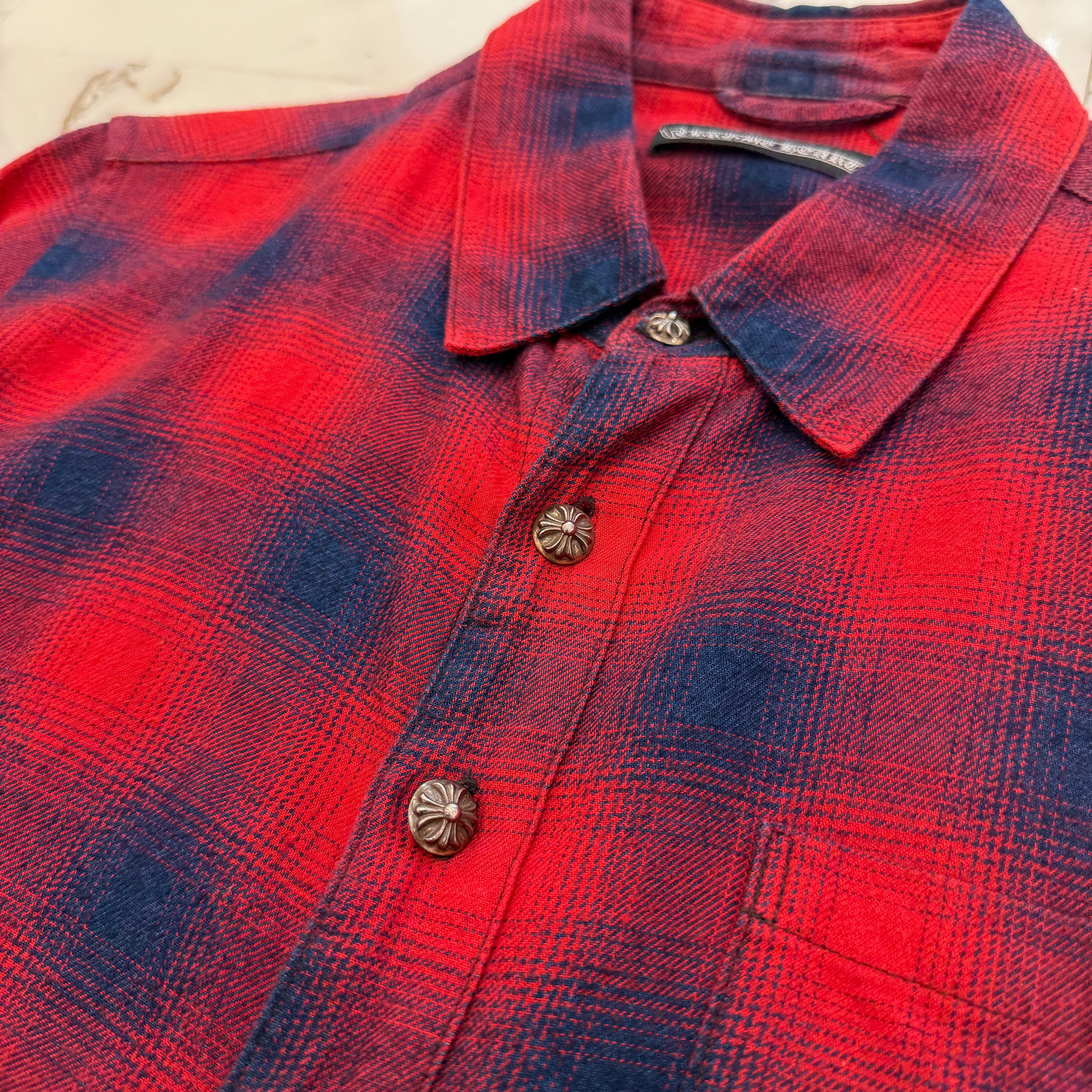 CHROME HEARTS Y NOT Leather Cross Patch Flannel Check Shirt Size M クロムハーツ ワイノット レザークロスパッチ フランネルチェックシャツ サイズM