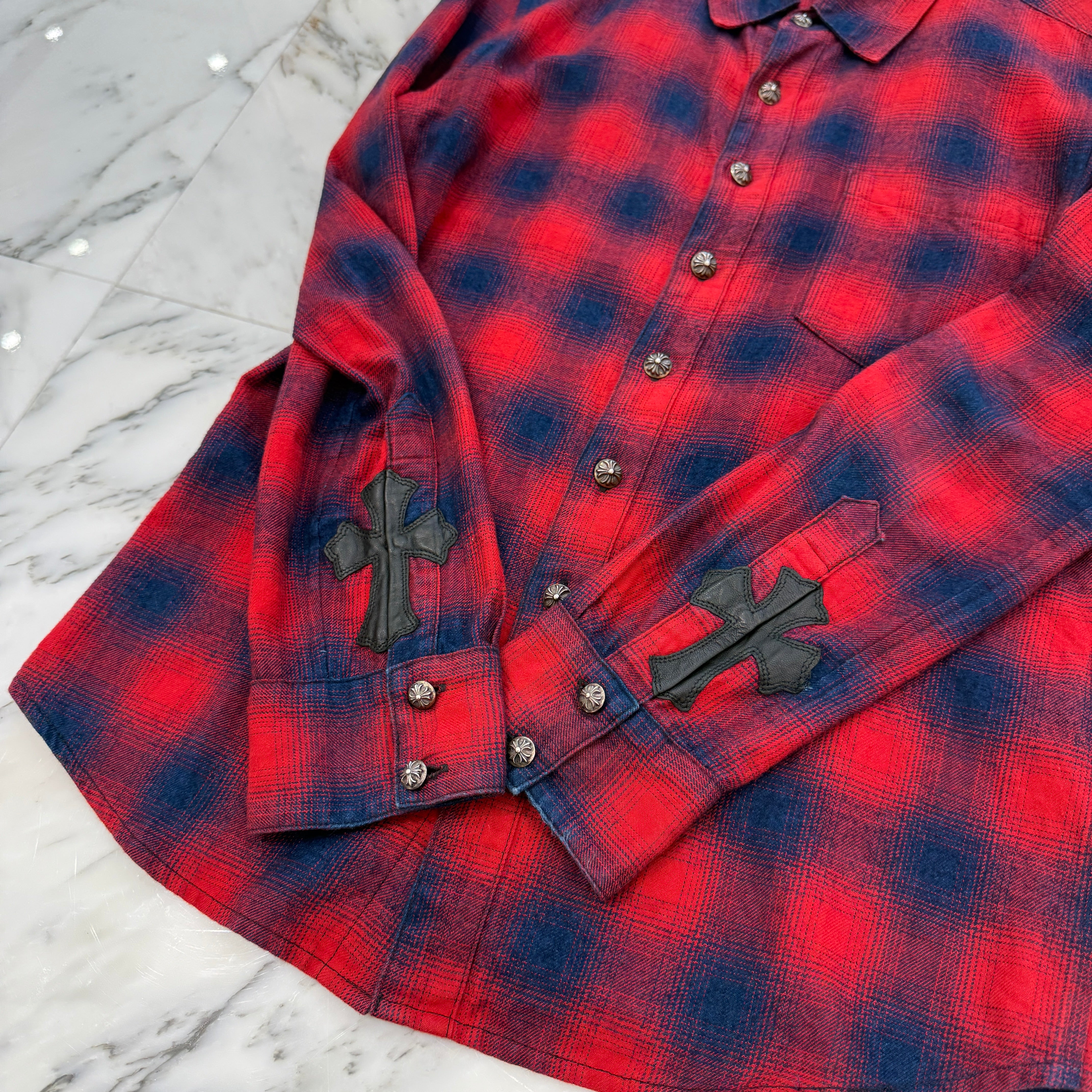 CHROME HEARTS Y NOT Leather Cross Patch Flannel Check Shirt Size M クロムハーツ ワイノット レザークロスパッチ フランネルチェックシャツ サイズM