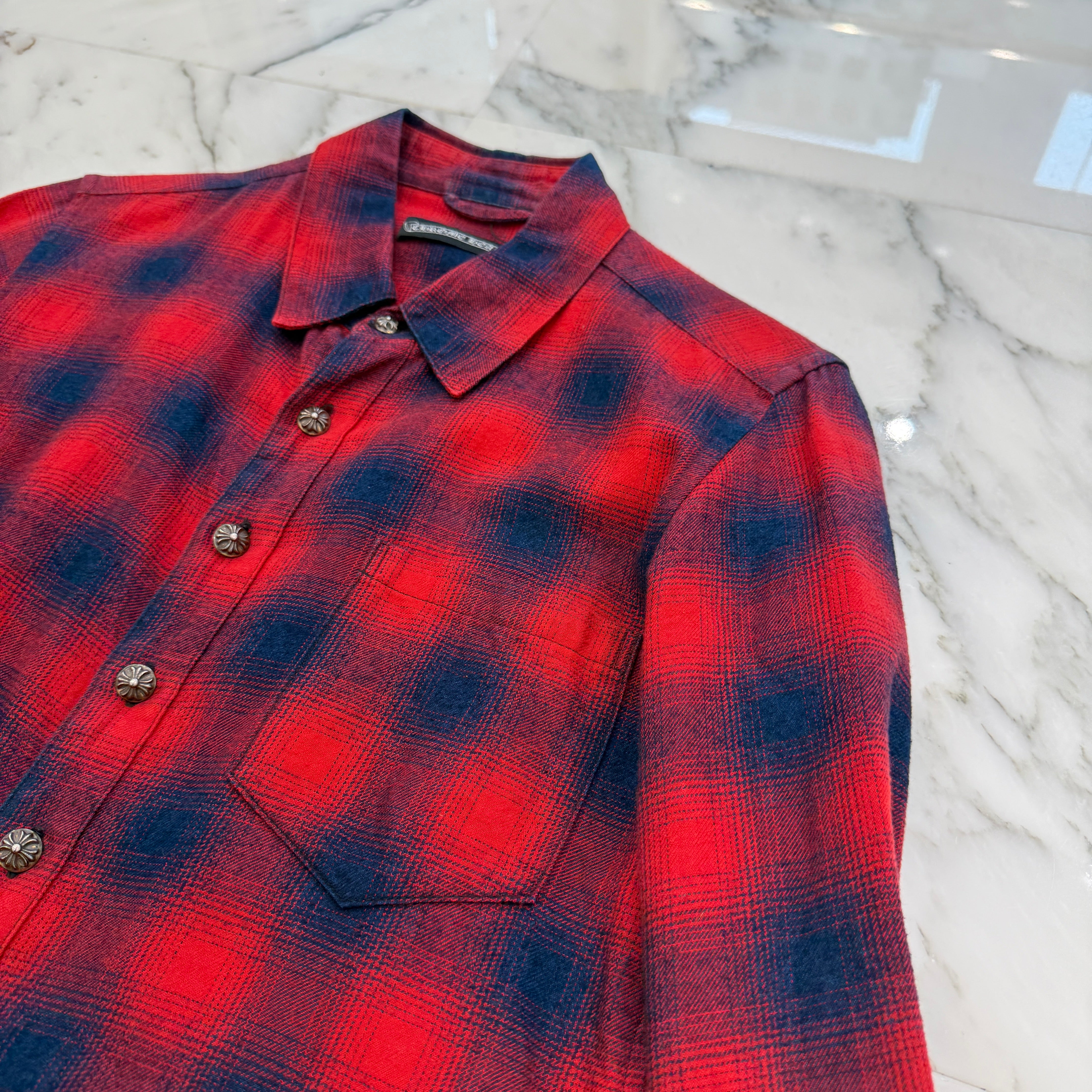 CHROME HEARTS Y NOT Leather Cross Patch Flannel Check Shirt Size M クロムハーツ ワイノット レザークロスパッチ フランネルチェックシャツ サイズM