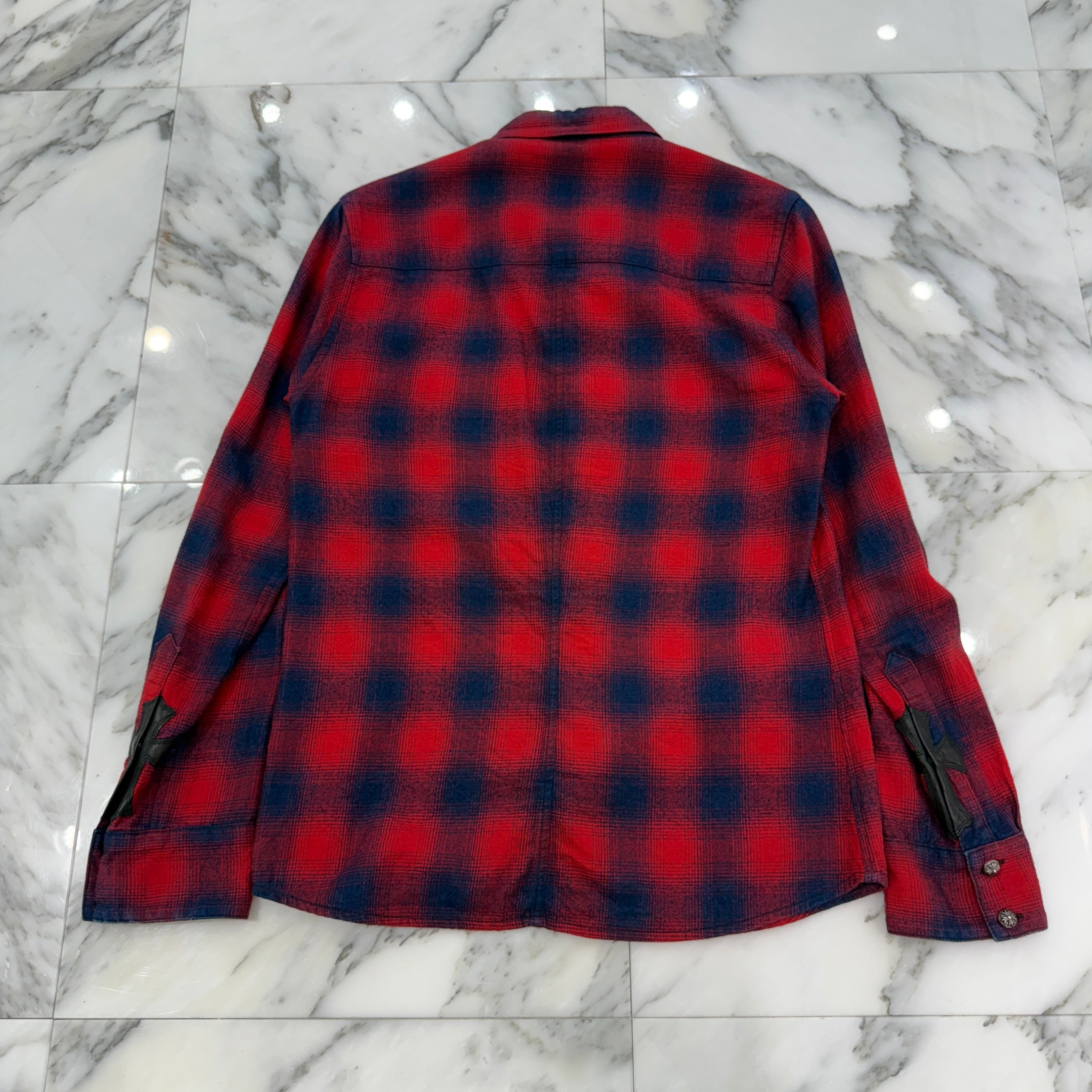 CHROME HEARTS Y NOT Leather Cross Patch Flannel Check Shirt Size M クロムハーツ ワイノット レザークロスパッチ フランネルチェックシャツ サイズM