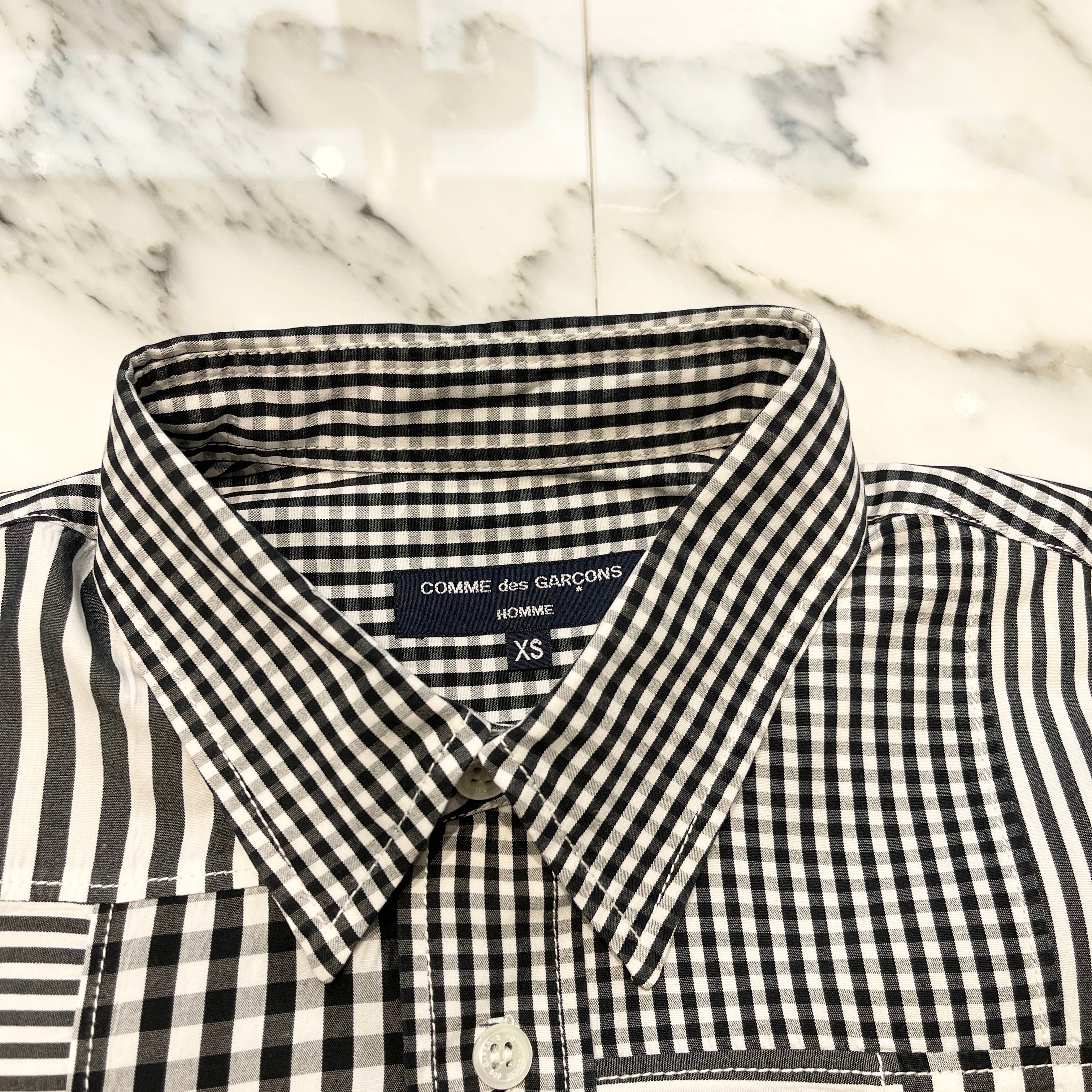 COMME des GARCONS Stripe Patch Work Shirt HQ-B038 Size XS コムデギャルソン ストライプ柄 パッチワーク シャツ サイズXS