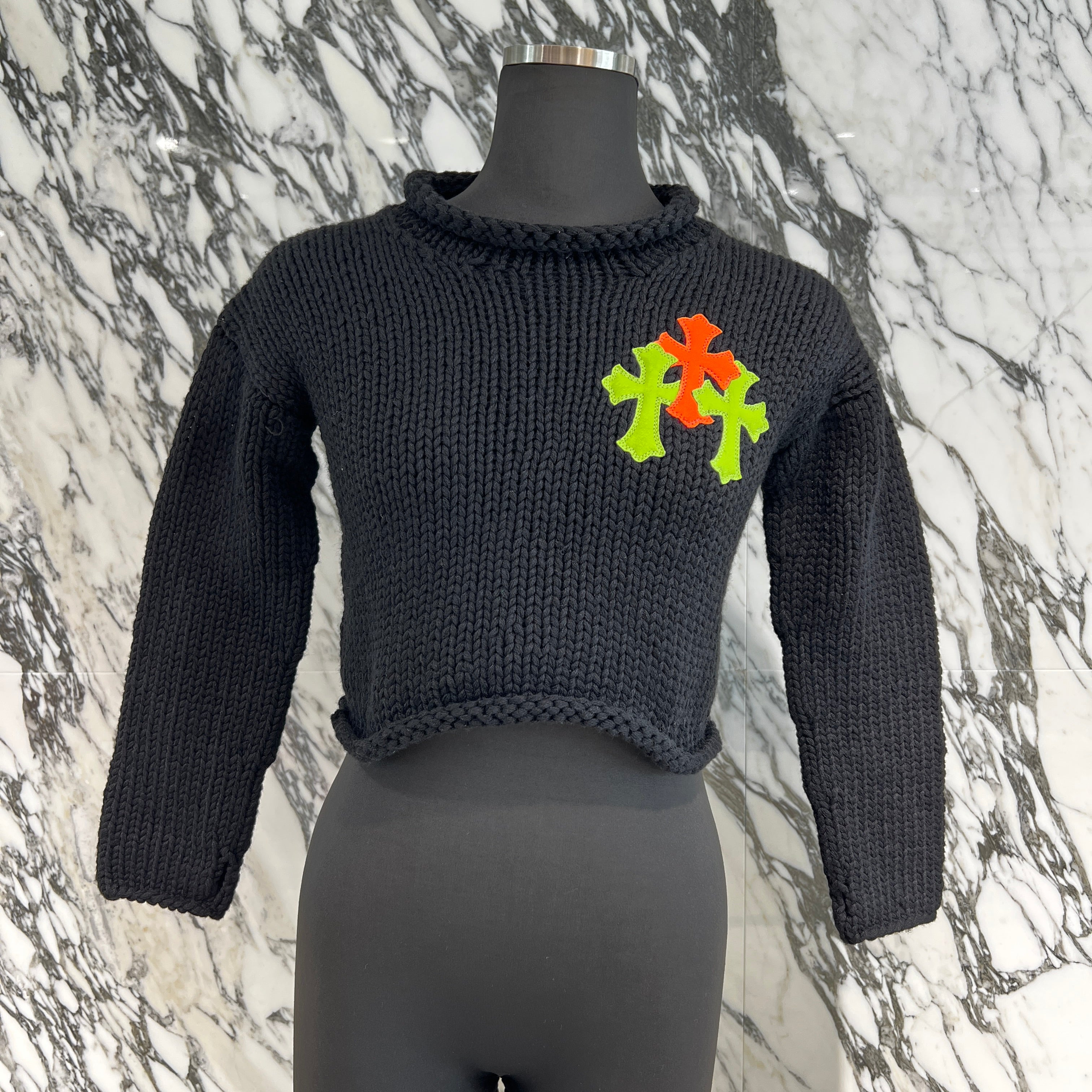 CHROME HEARTS 3 Cross Leather Patch Cashmere Cropped Knit Sweater Size 8Y クロムハーツ 3 クロスレザーパッチ カシミヤ クロップド ニットセーター サイズ8Y