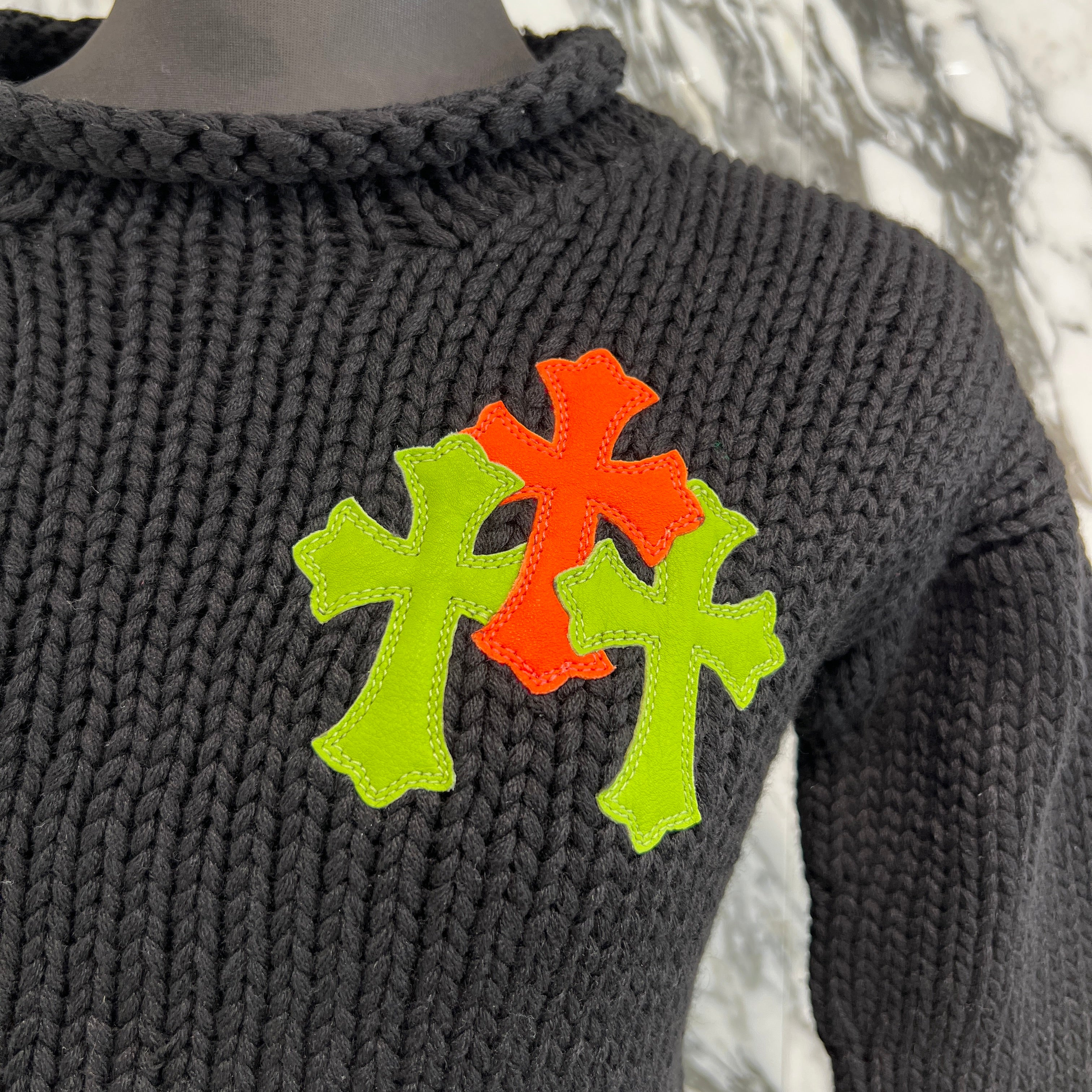 CHROME HEARTS 3 Cross Leather Patch Cashmere Cropped Knit Sweater Size 8Y クロムハーツ 3 クロスレザーパッチ カシミヤ クロップド ニットセーター サイズ8Y