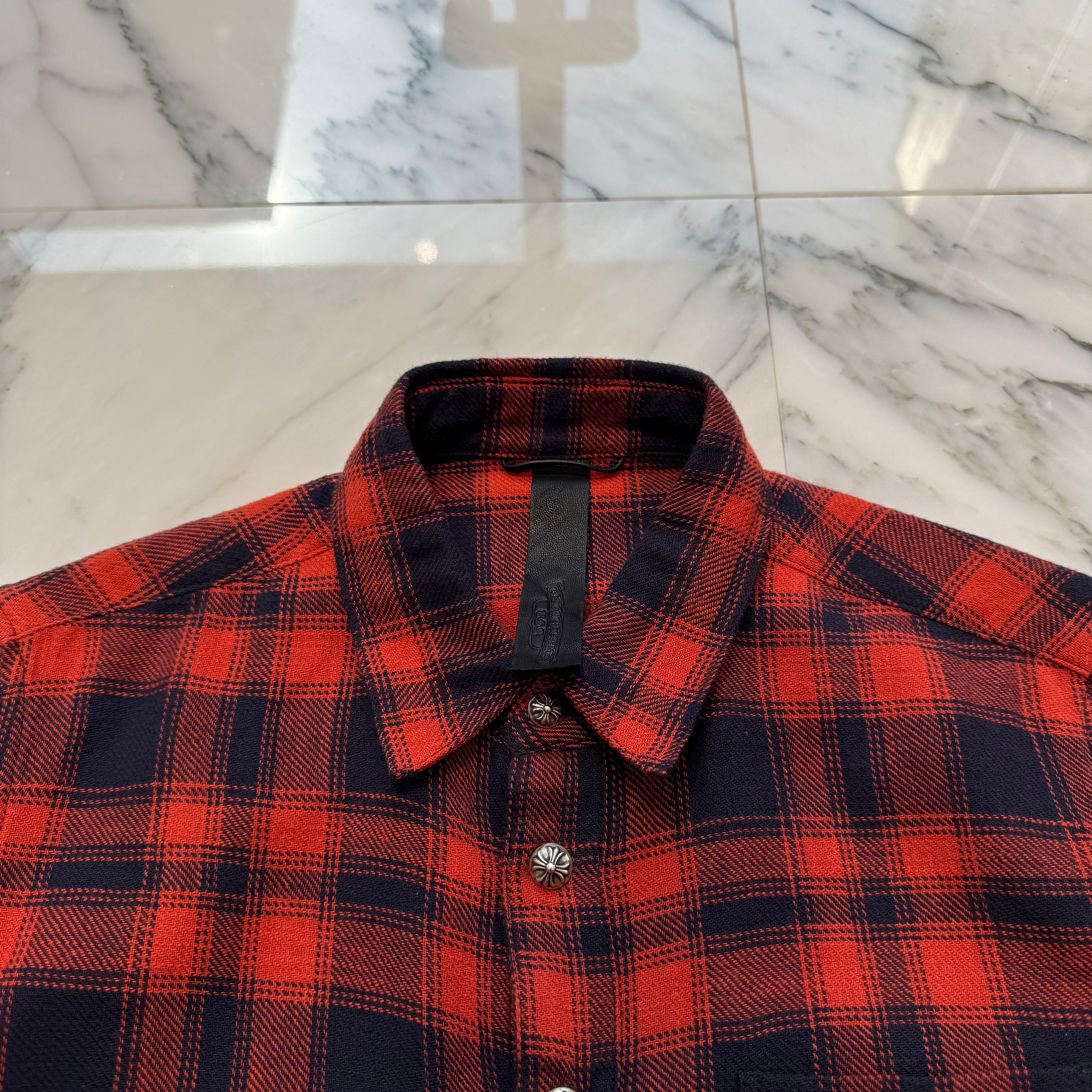 CHROME HEARTS Loose Ends Cross Leather Patch Check Shirt Size S クロムハーツ ルーズエンド レザークロスパッチ チェックシャツ サイズS