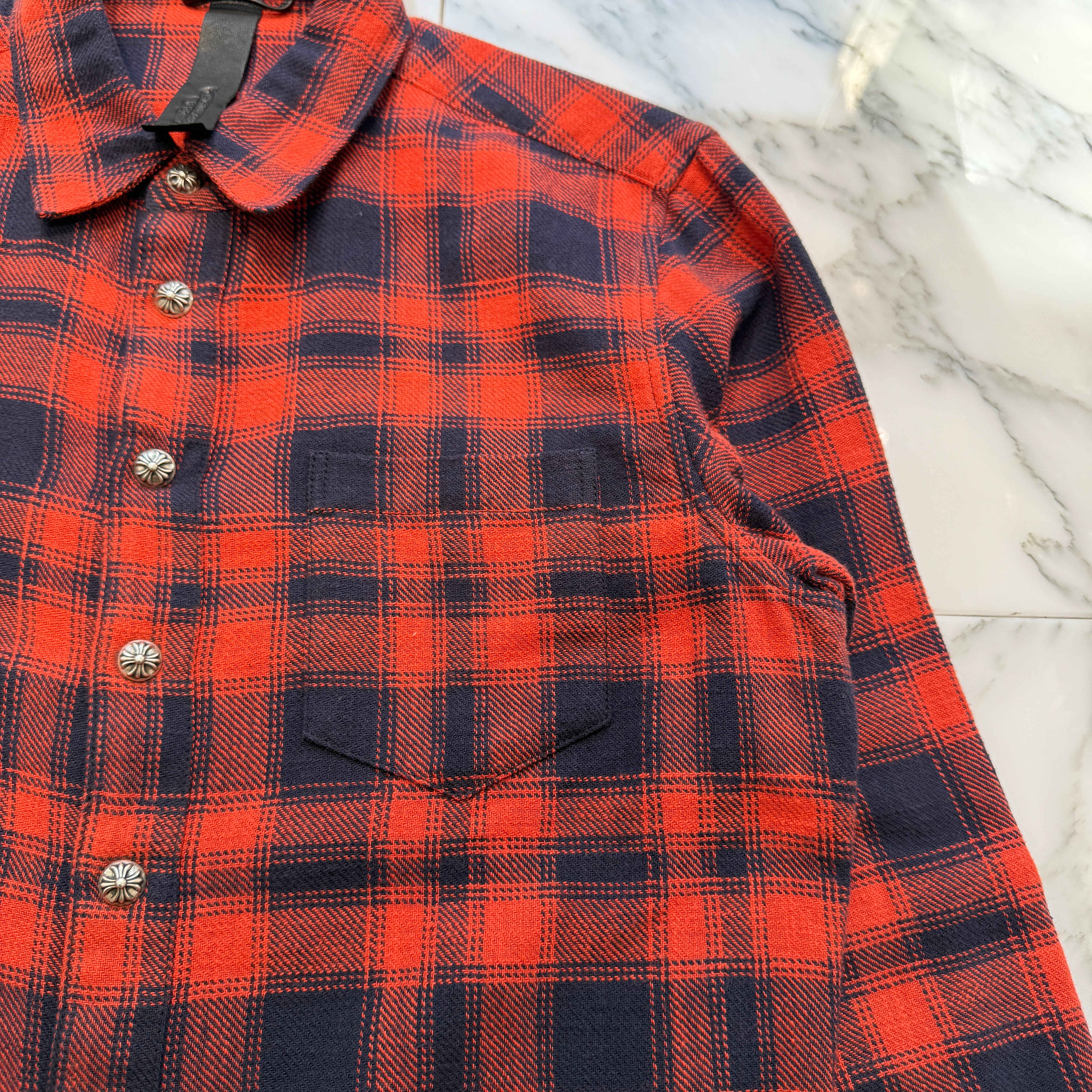 CHROME HEARTS Loose Ends Cross Leather Patch Check Shirt Size S クロムハーツ ルーズエンド レザークロスパッチ チェックシャツ サイズS