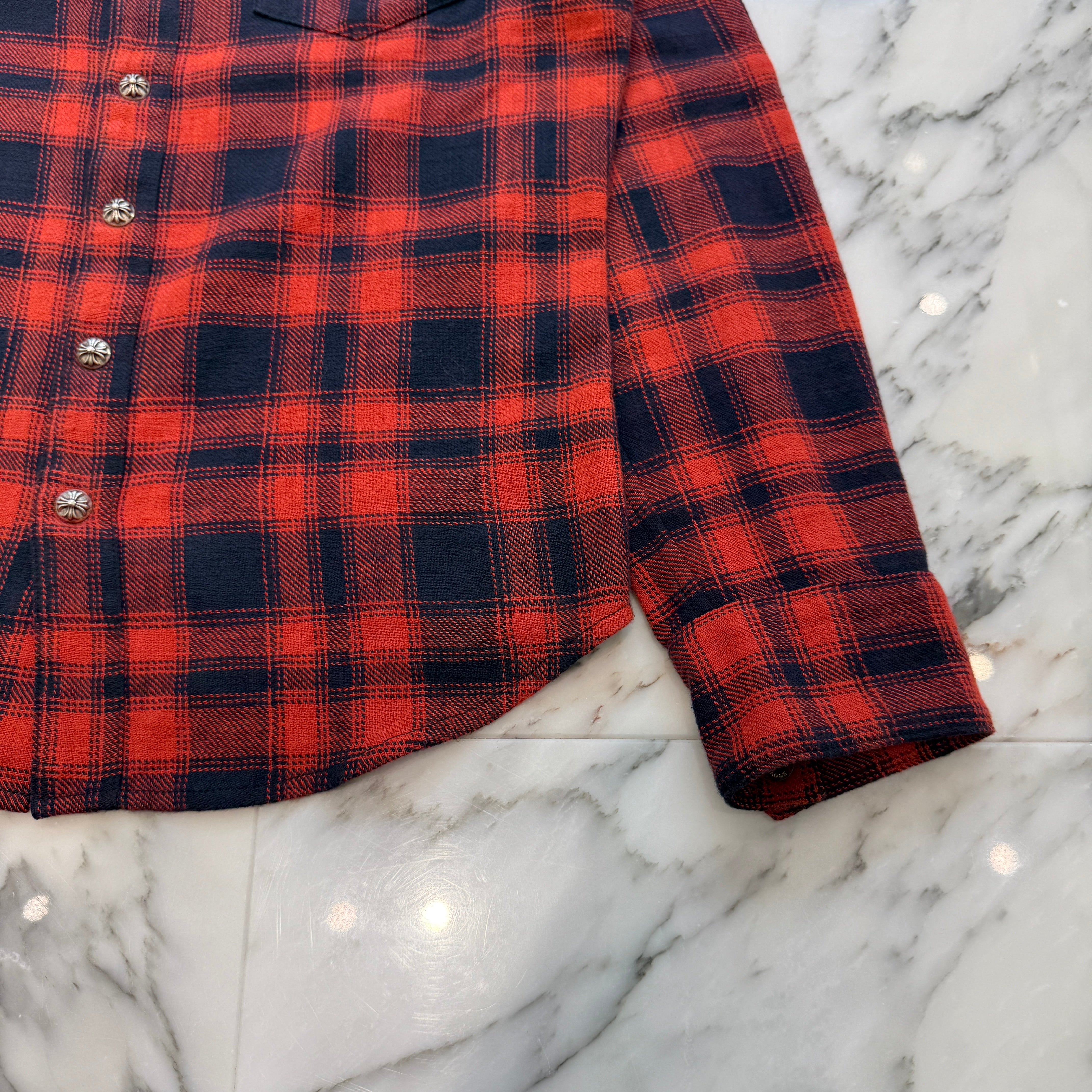 CHROME HEARTS Loose Ends Cross Leather Patch Check Shirt Size S クロムハーツ ルーズエンド レザークロスパッチ チェックシャツ サイズS