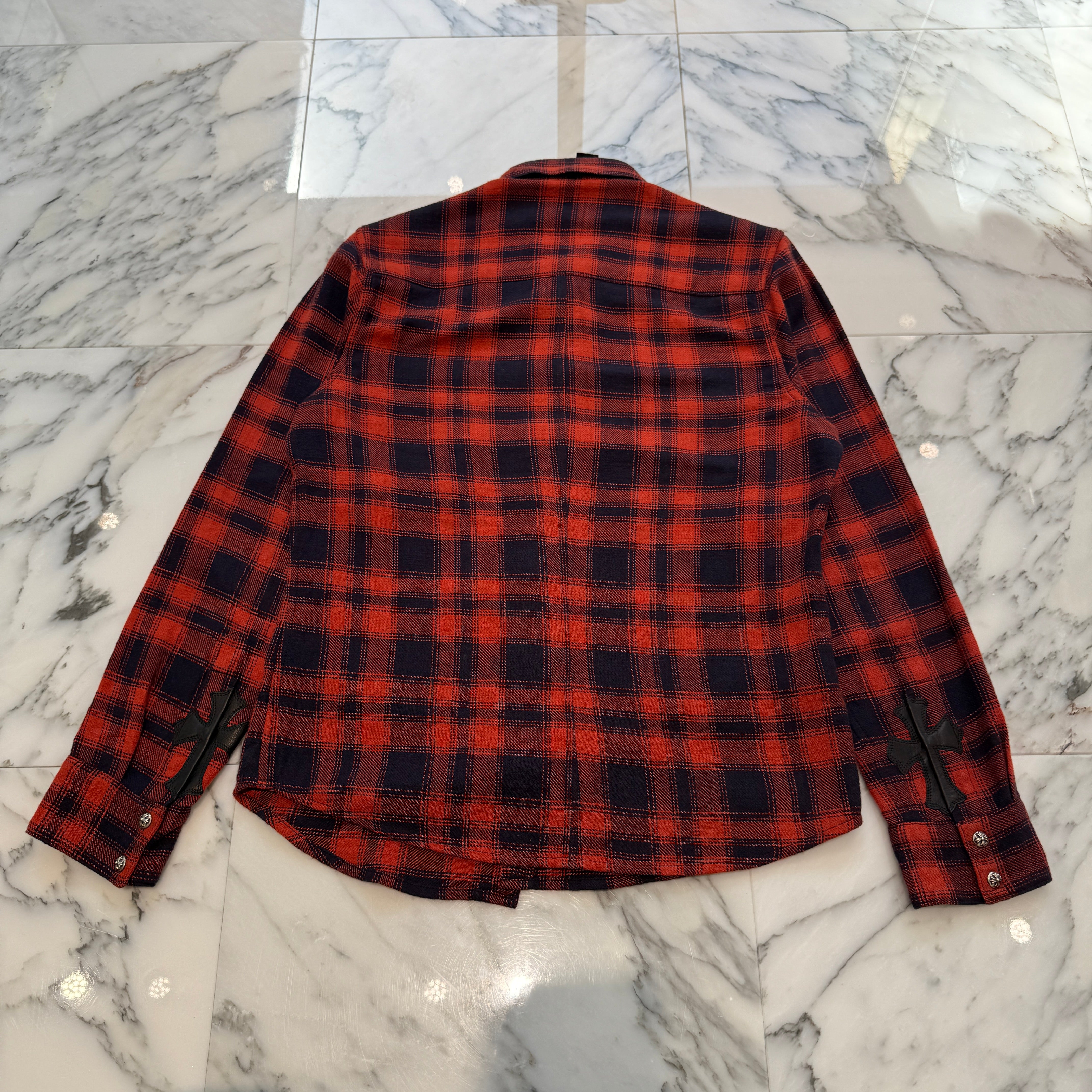 CHROME HEARTS Loose Ends Cross Leather Patch Check Shirt Size S クロムハーツ ルーズエンド レザークロスパッチ チェックシャツ サイズS