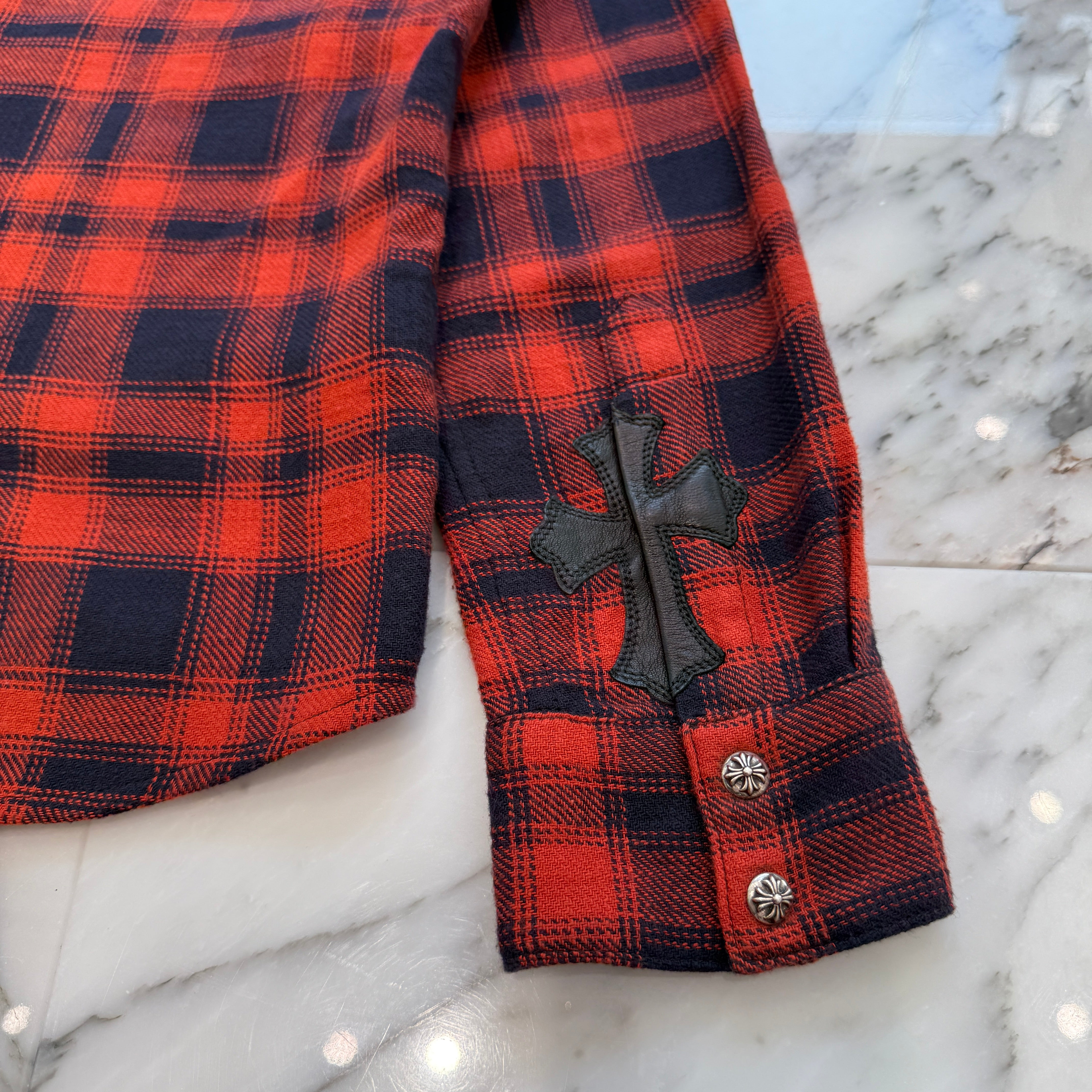 CHROME HEARTS Loose Ends Cross Leather Patch Check Shirt Size S クロムハーツ ルーズエンド レザークロスパッチ チェックシャツ サイズS