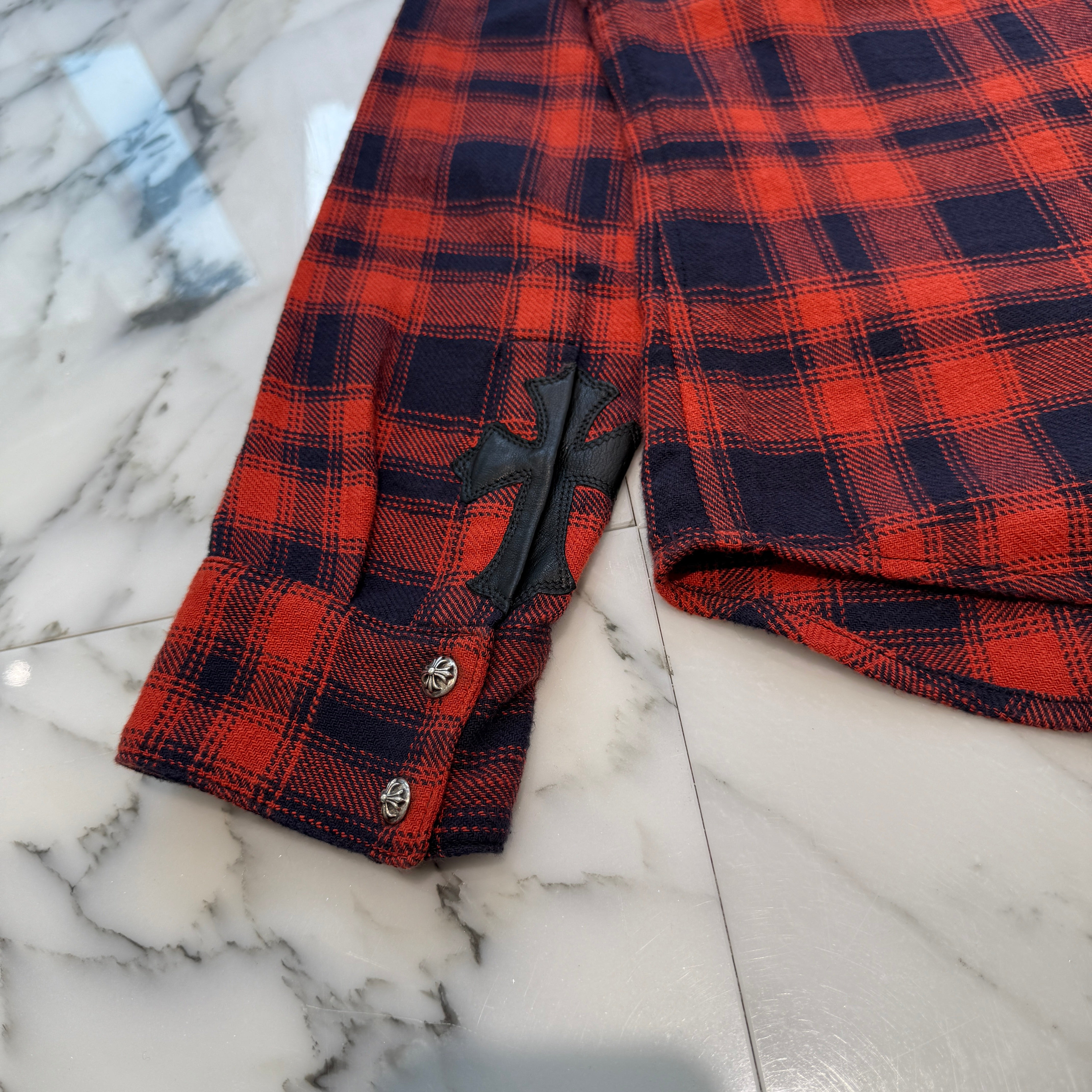 CHROME HEARTS Loose Ends Cross Leather Patch Check Shirt Size S クロムハーツ ルーズエンド レザークロスパッチ チェックシャツ サイズS