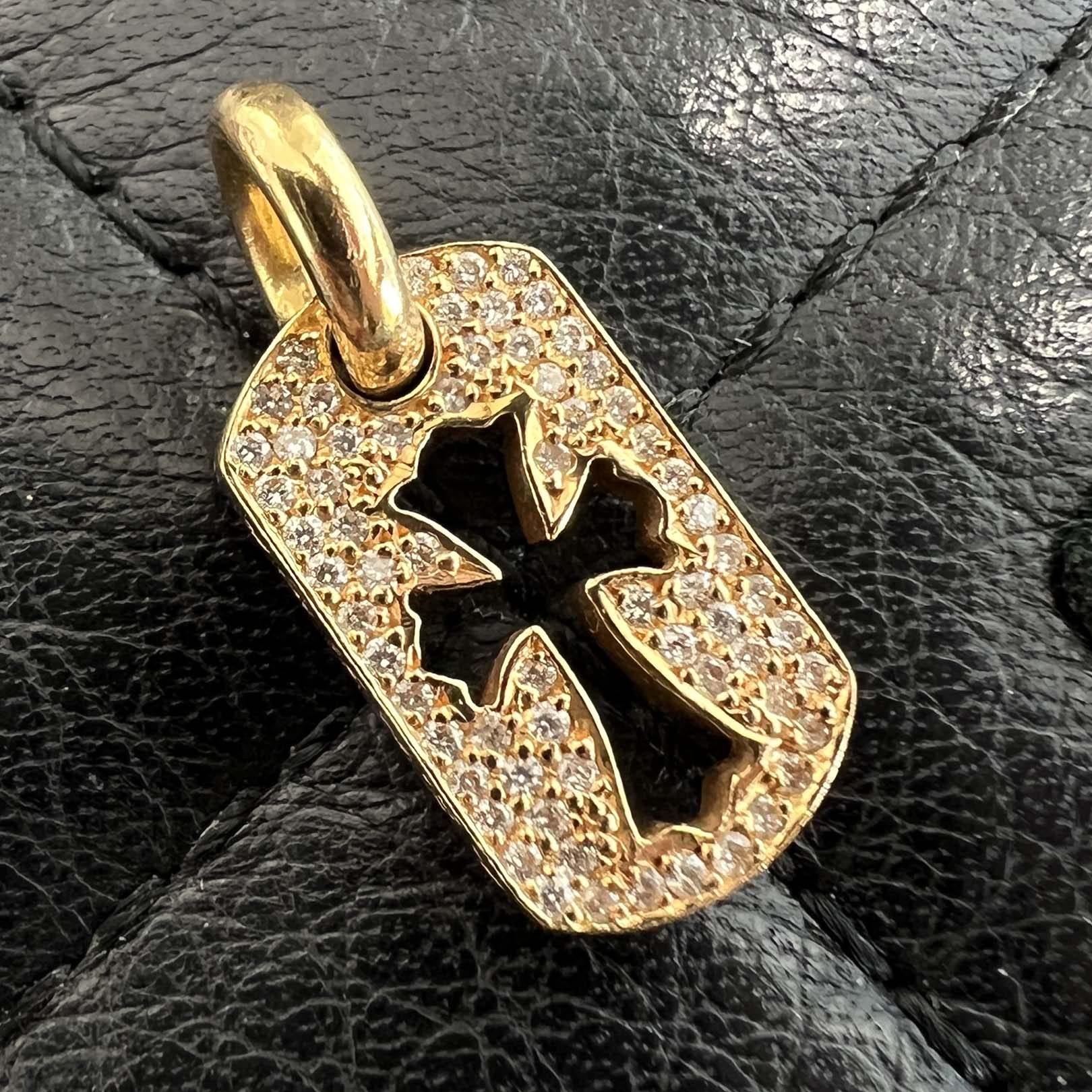 CHROME HEARTS 22K Tiny Cut Out Cross Dock Tag Pendant Charm Pave