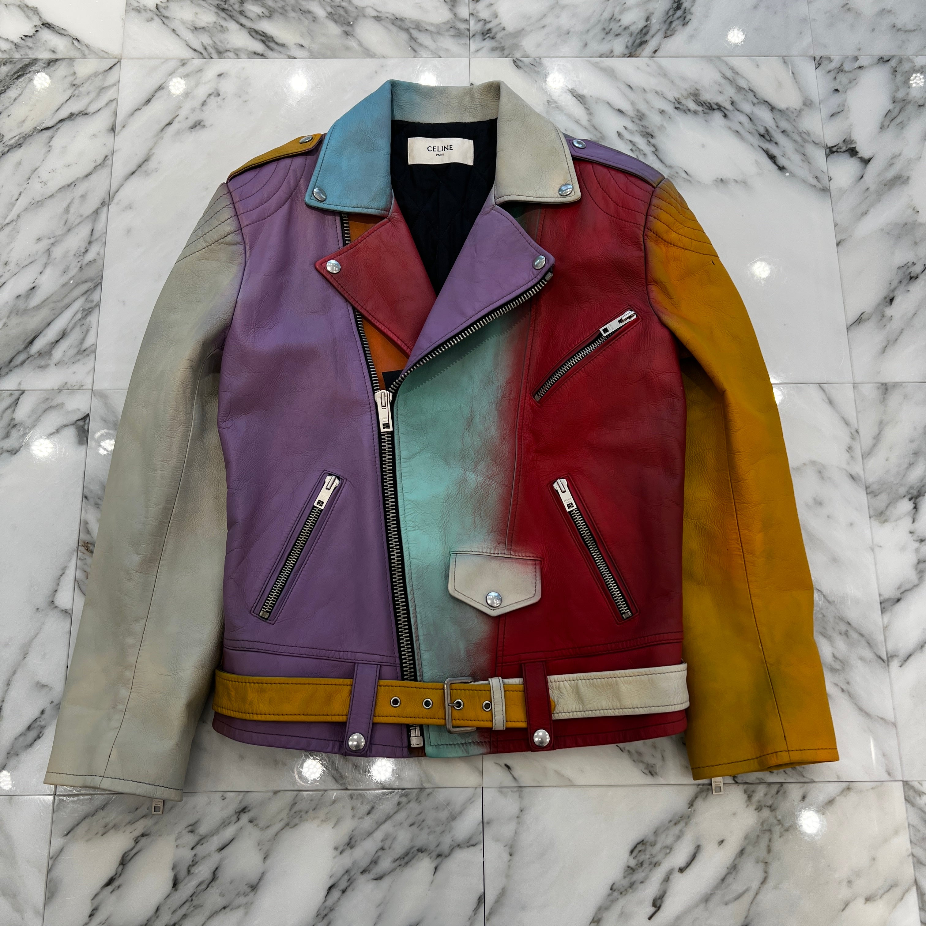 CELINE 2021AW Rainbow Biker Double Riders Leather Jacket 2E920599E