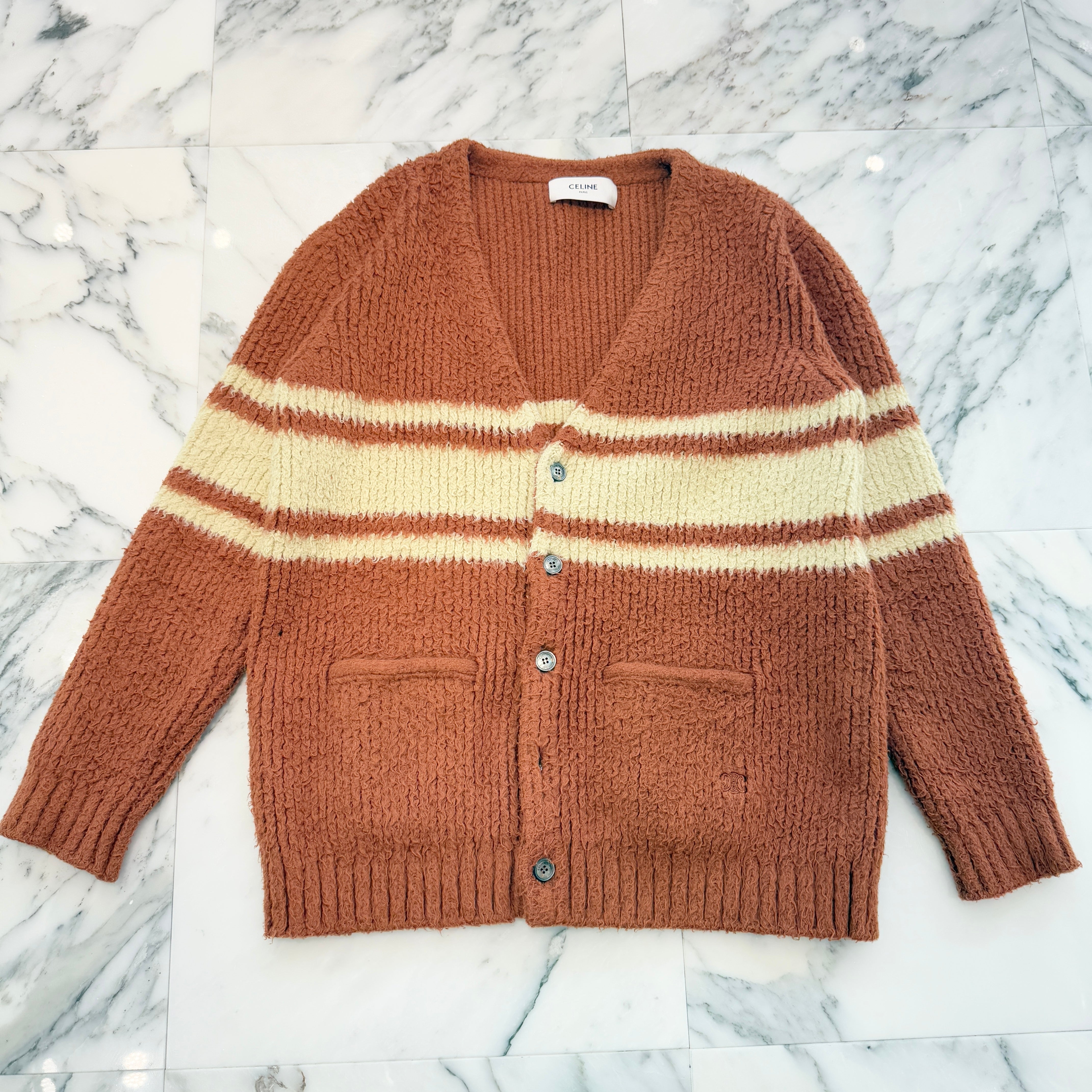 CELINE 2024AW Striped Brushed Cotton V-Neck Long Cardigan 2A70O118O.27RU Size S セリーヌ ストライプ ブラッシュドコットン Vネック ロングカーディガン サイズS