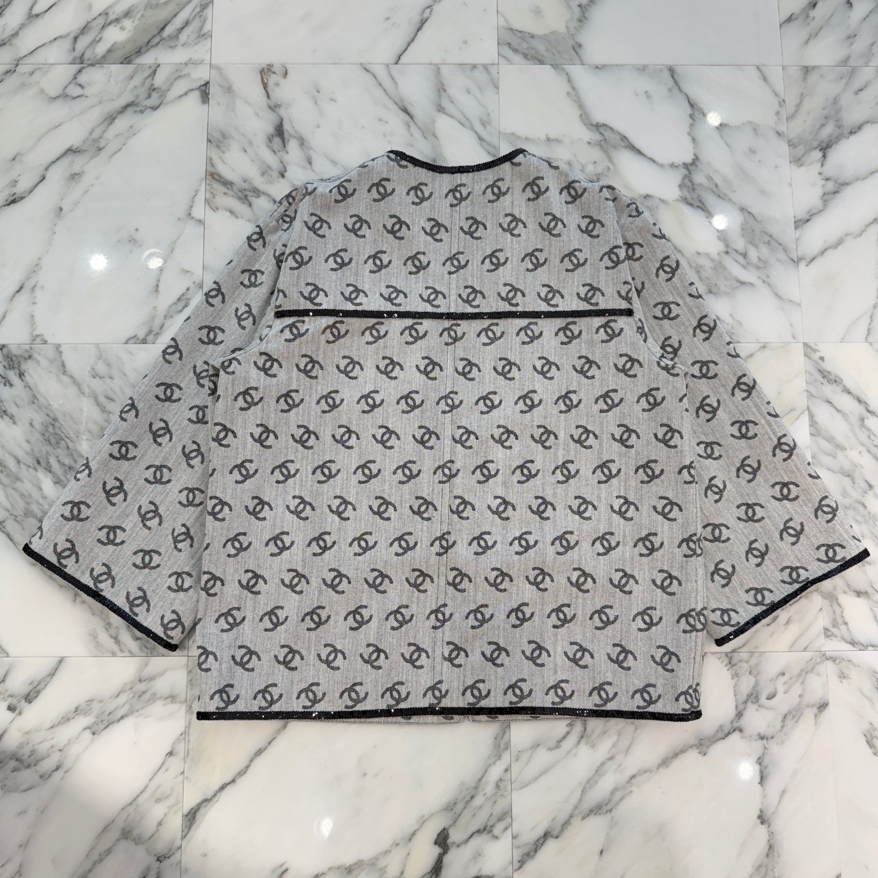 CHANEL 2022SS Cocomark Jacquard Sequin Zip Up Jacket P72591V64160 Size 50 シャネル ココマーク ジャガード スパンコールジャケット グレー×ブラック サイズ50