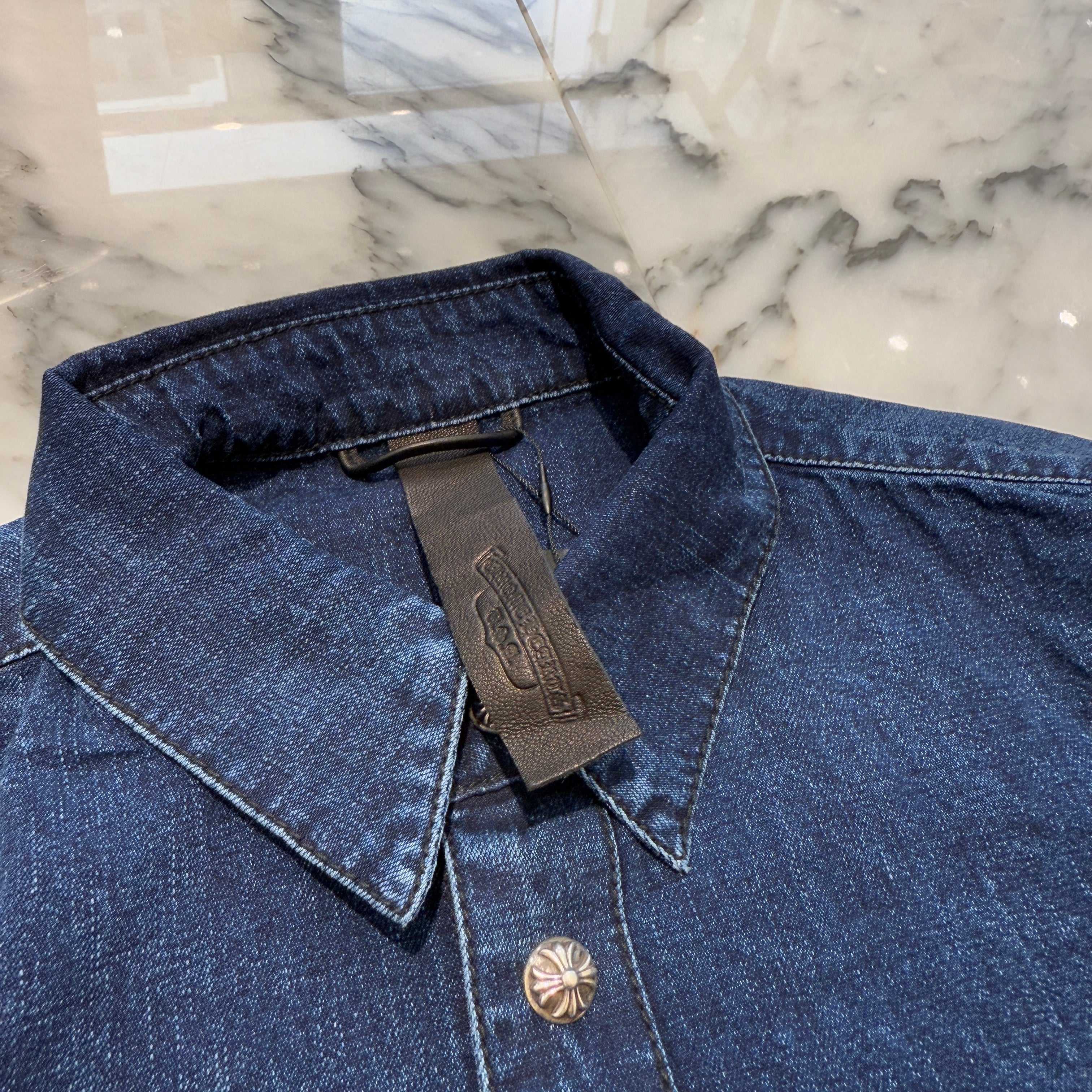 CHROME HEARTS YNOT Leather Cross Patch Denim Shirts Size S クロムハーツ ワイノット レザー クロスパッチ デニムシャツ サイズ S