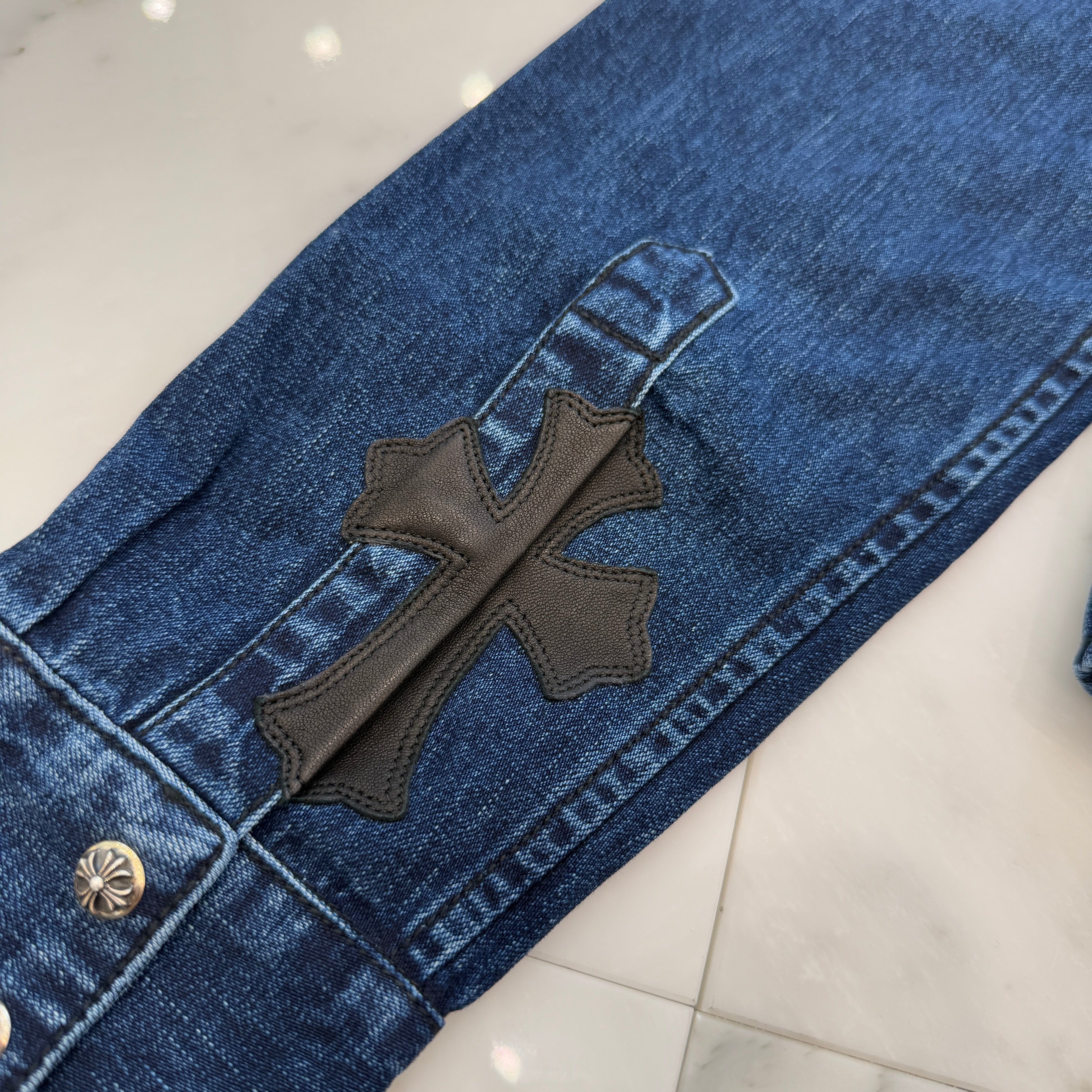 CHROME HEARTS YNOT Leather Cross Patch Denim Shirts Size S クロムハーツ ワイノット レザー クロスパッチ デニムシャツ サイズ S