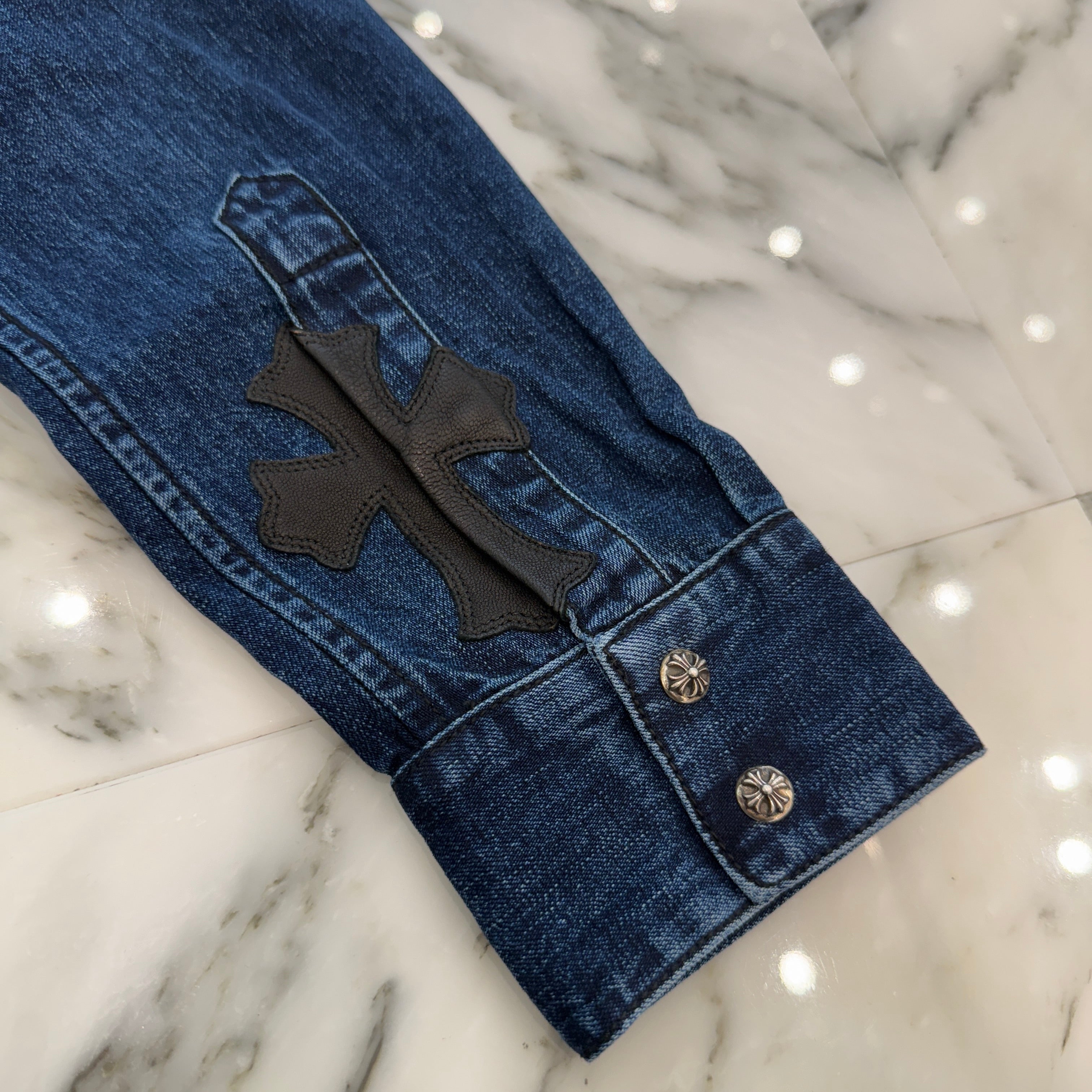 CHROME HEARTS YNOT Leather Cross Patch Denim Shirts Size S クロムハーツ ワイノット レザー クロスパッチ デニムシャツ サイズ S