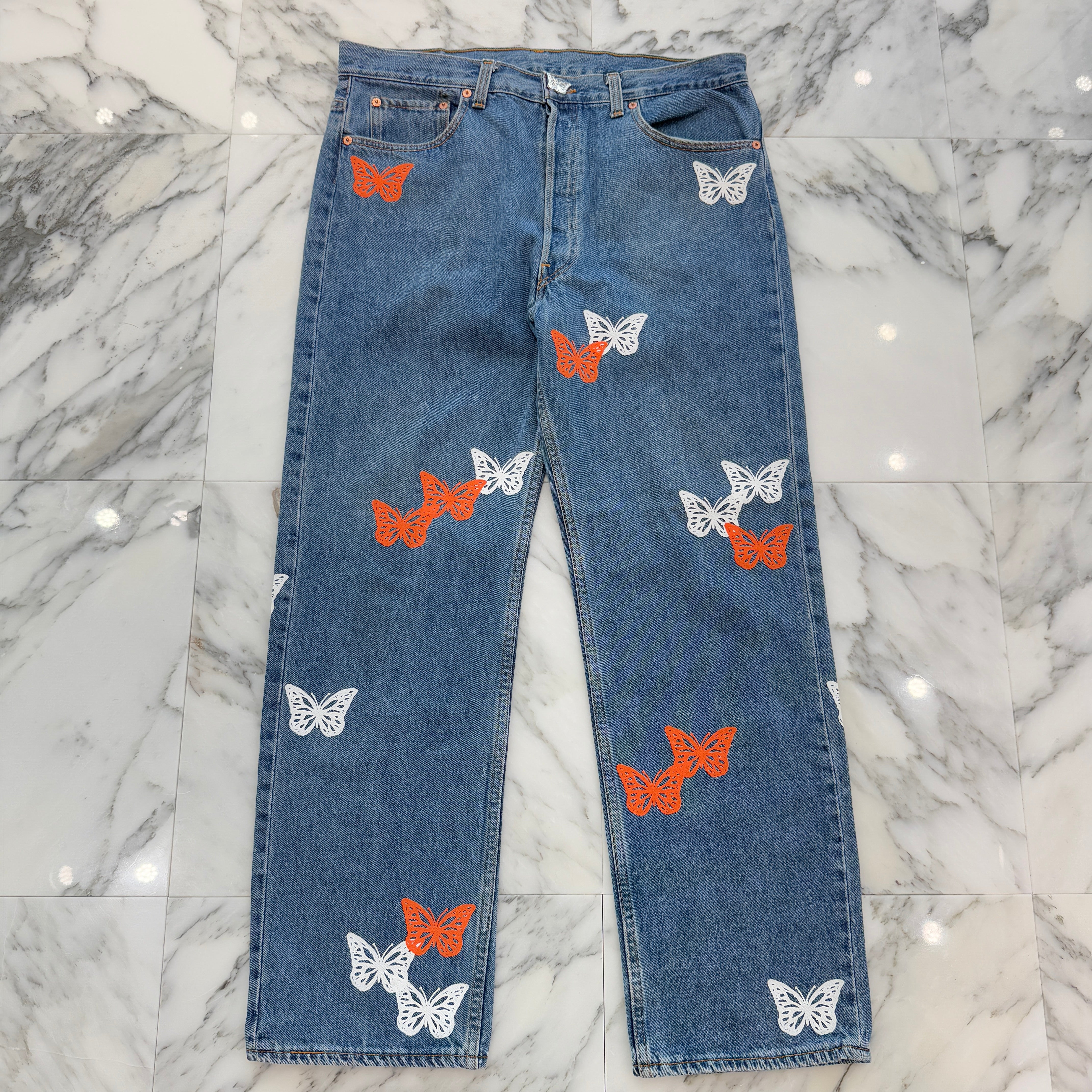 ABOUT DREAMS Butterfly Jeans Size W38 L30 アバウトドリームズ バタフライジーンズ インディゴ×ホワイト×オレンジ サイズW38×L30