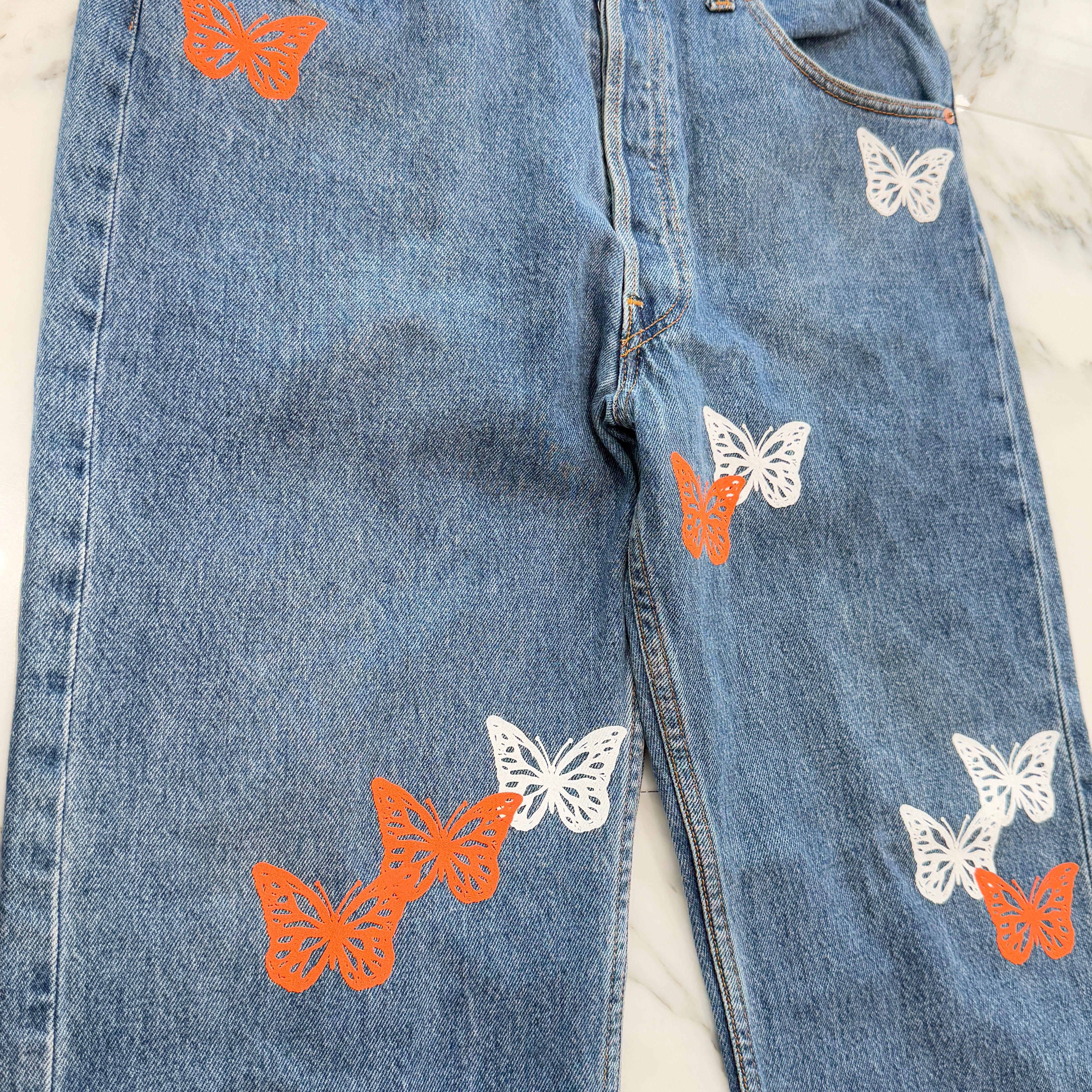 ABOUT DREAMS Butterfly Jeans Size W38 L30 アバウトドリームズ バタフライジーンズ インディゴ×ホワイト×オレンジ サイズW38×L30