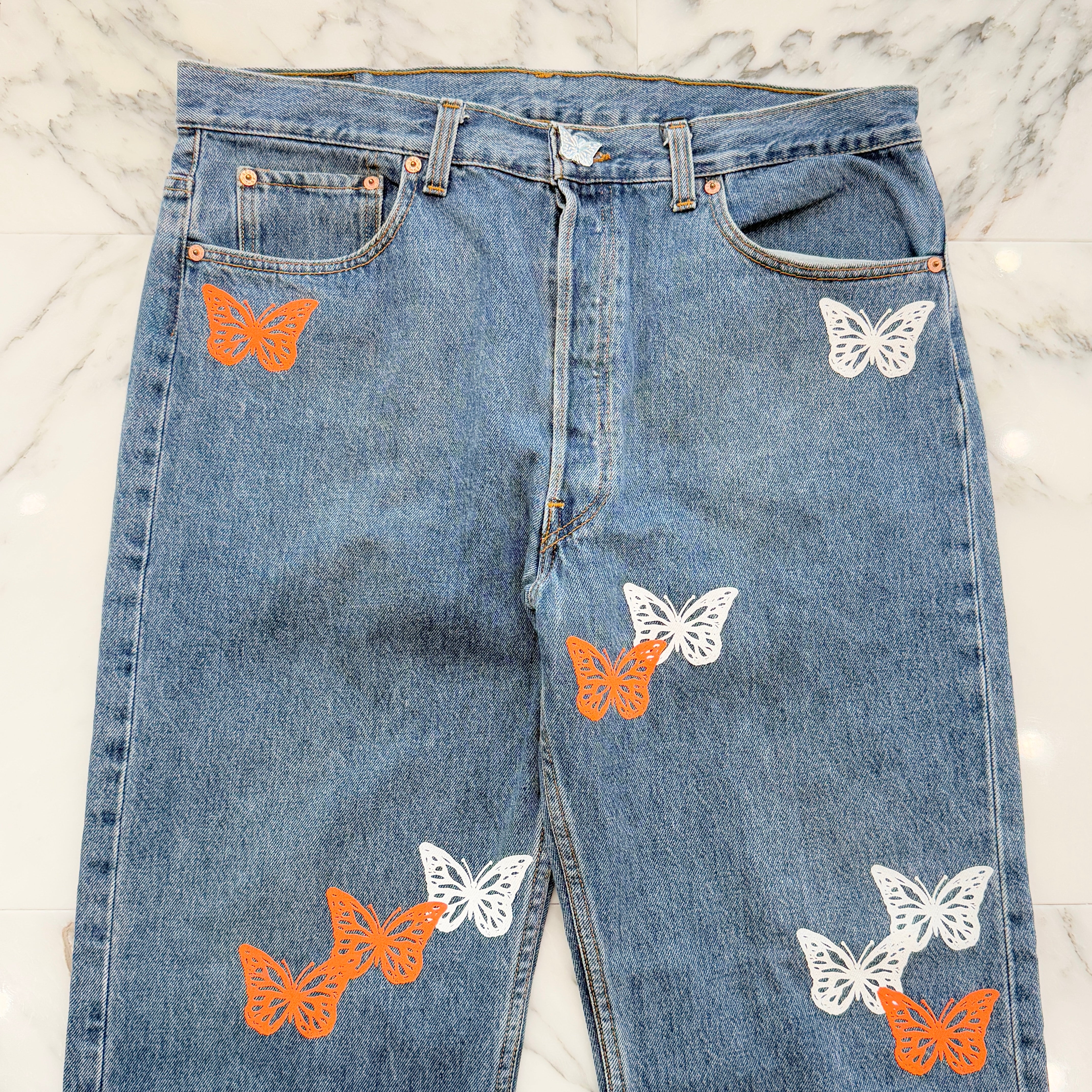 ABOUT DREAMS Butterfly Jeans Size W38 L30 アバウトドリームズ バタフライジーンズ インディゴ×ホワイト×オレンジ サイズW38×L30