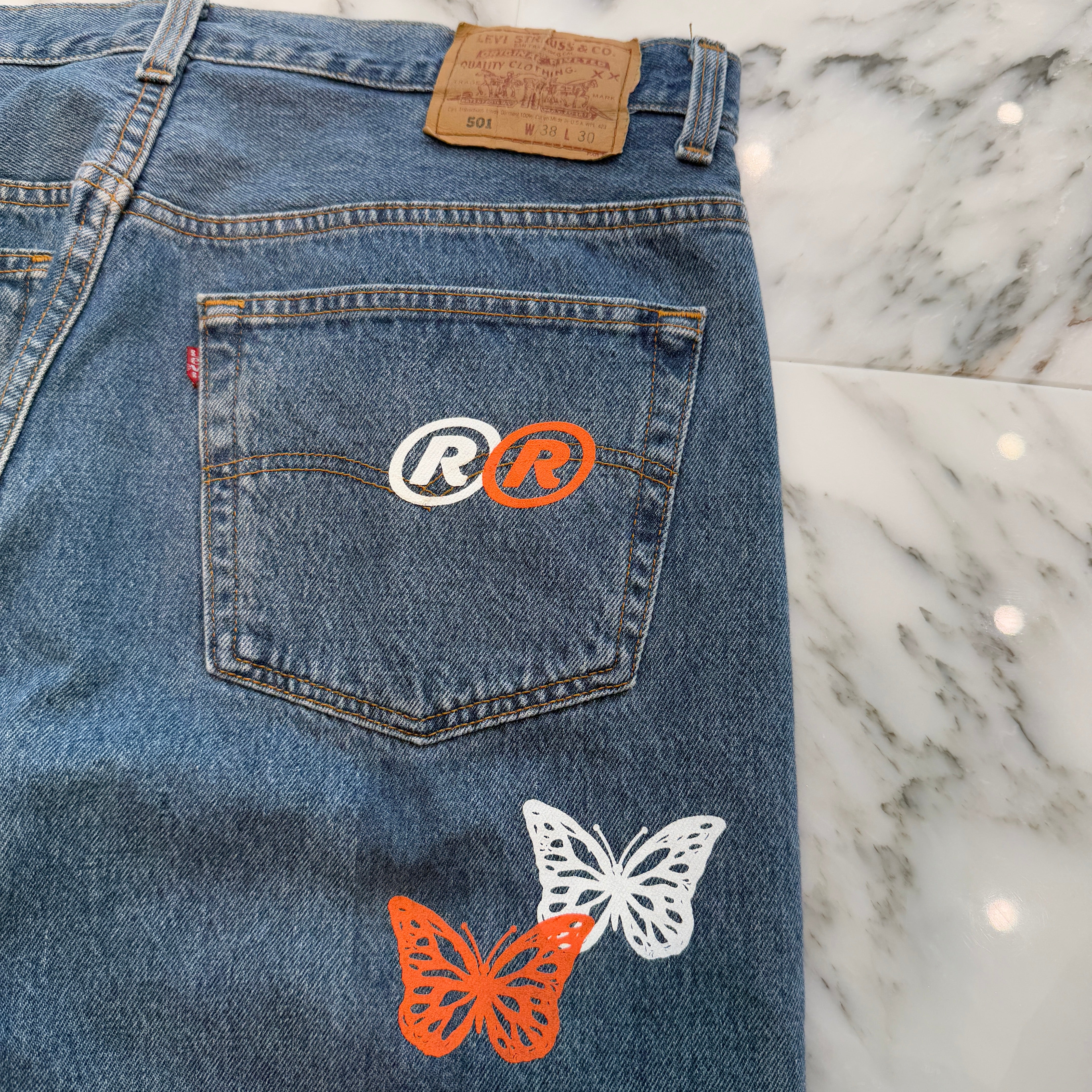 ABOUT DREAMS Butterfly Jeans Size W38 L30 アバウトドリームズ バタフライジーンズ インディゴ×ホワイト×オレンジ サイズW38×L30
