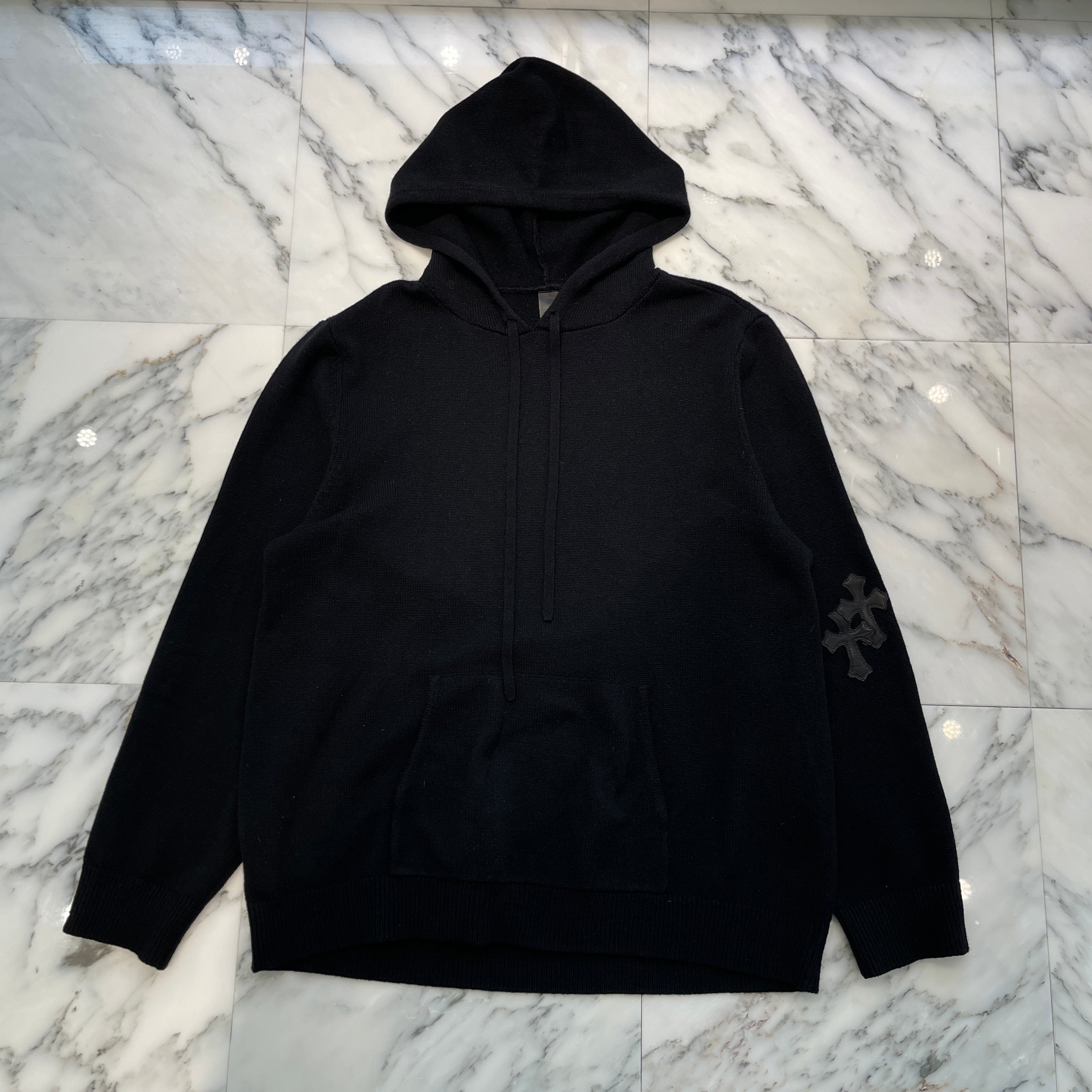 CHROME HEARTS Y NOT Leather Cross Patch Cashmere Knit Pullover Hoodie Size XL クロムハーツ ワイノット レザークロスパッチ カシミヤニット プルオーバーフーディ サイズXL