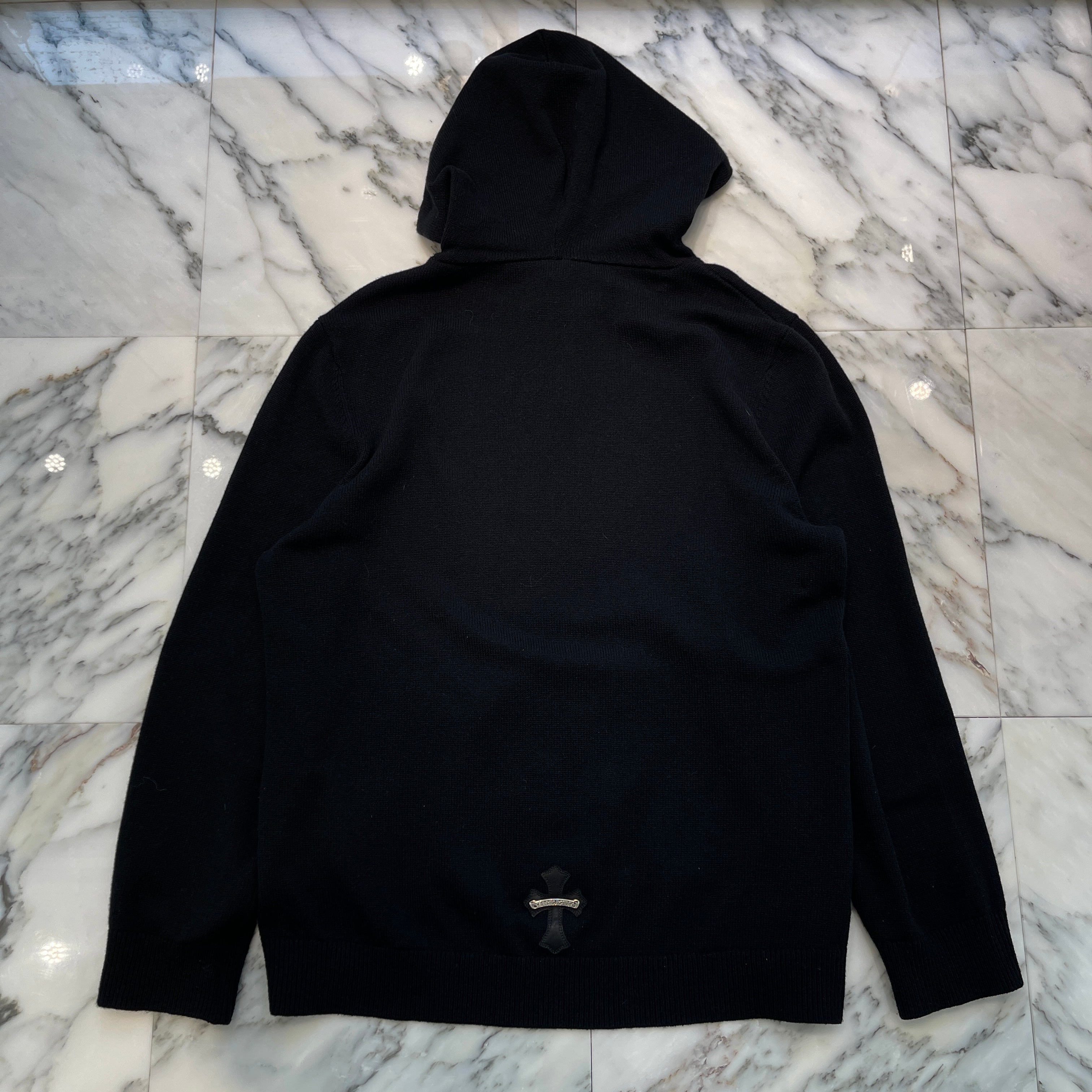 CHROME HEARTS Y NOT Leather Cross Patch Cashmere Knit Pullover Hoodie Size XL クロムハーツ ワイノット レザークロスパッチ カシミヤニット プルオーバーフーディ サイズXL