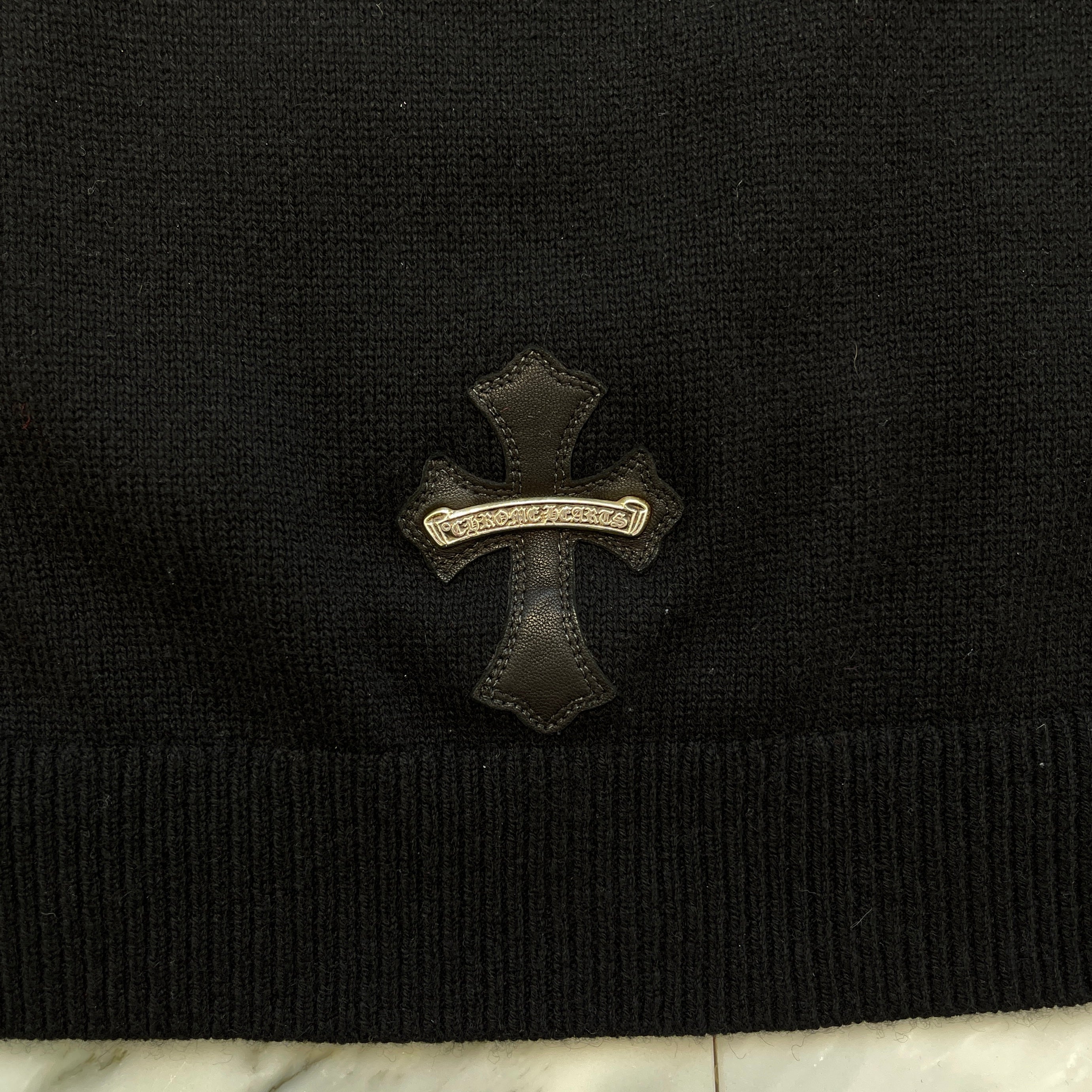 CHROME HEARTS Y NOT Leather Cross Patch Cashmere Knit Pullover Hoodie Size XL クロムハーツ ワイノット レザークロスパッチ カシミヤニット プルオーバーフーディ サイズXL