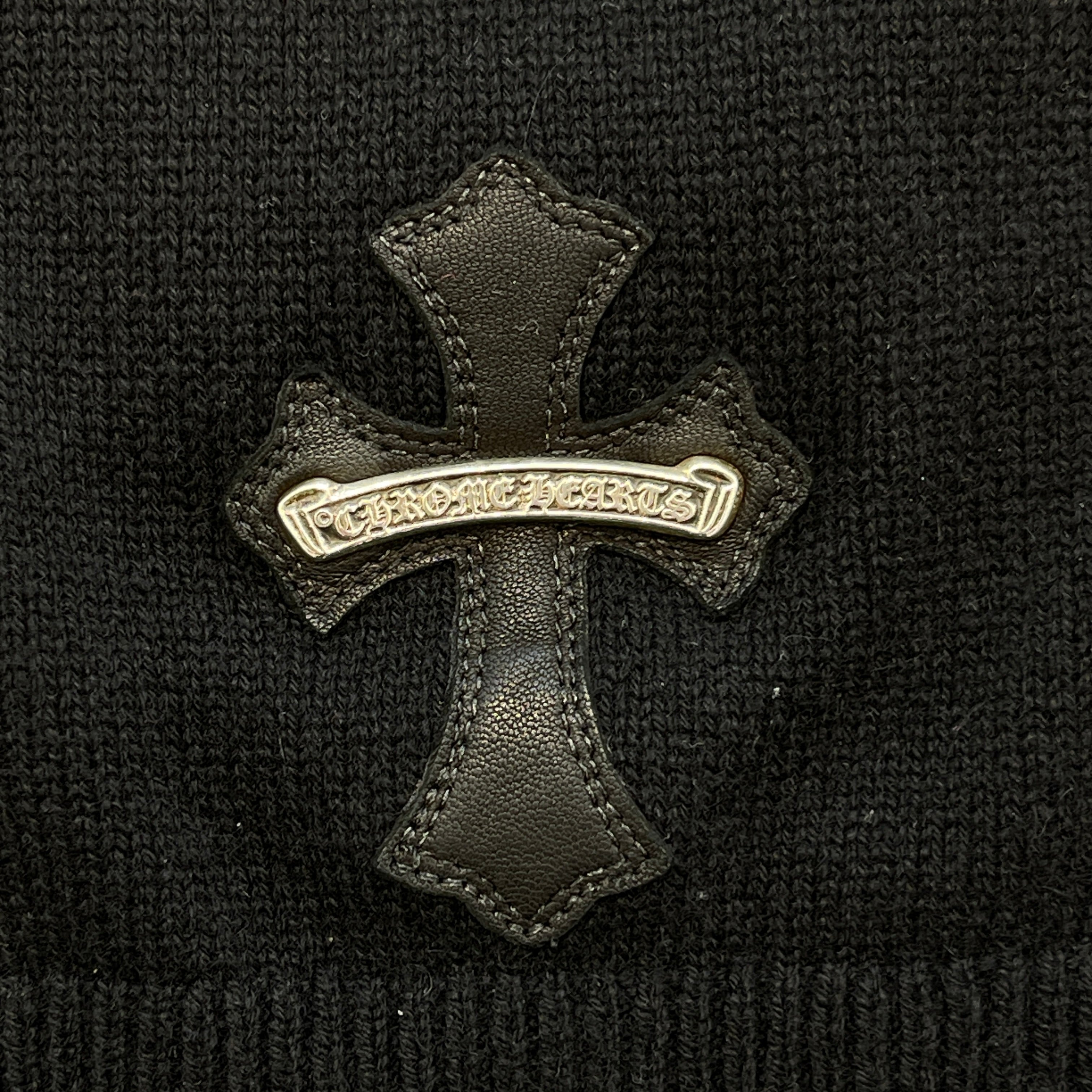 CHROME HEARTS Y NOT Leather Cross Patch Cashmere Knit Pullover Hoodie Size XL クロムハーツ ワイノット レザークロスパッチ カシミヤニット プルオーバーフーディ サイズXL