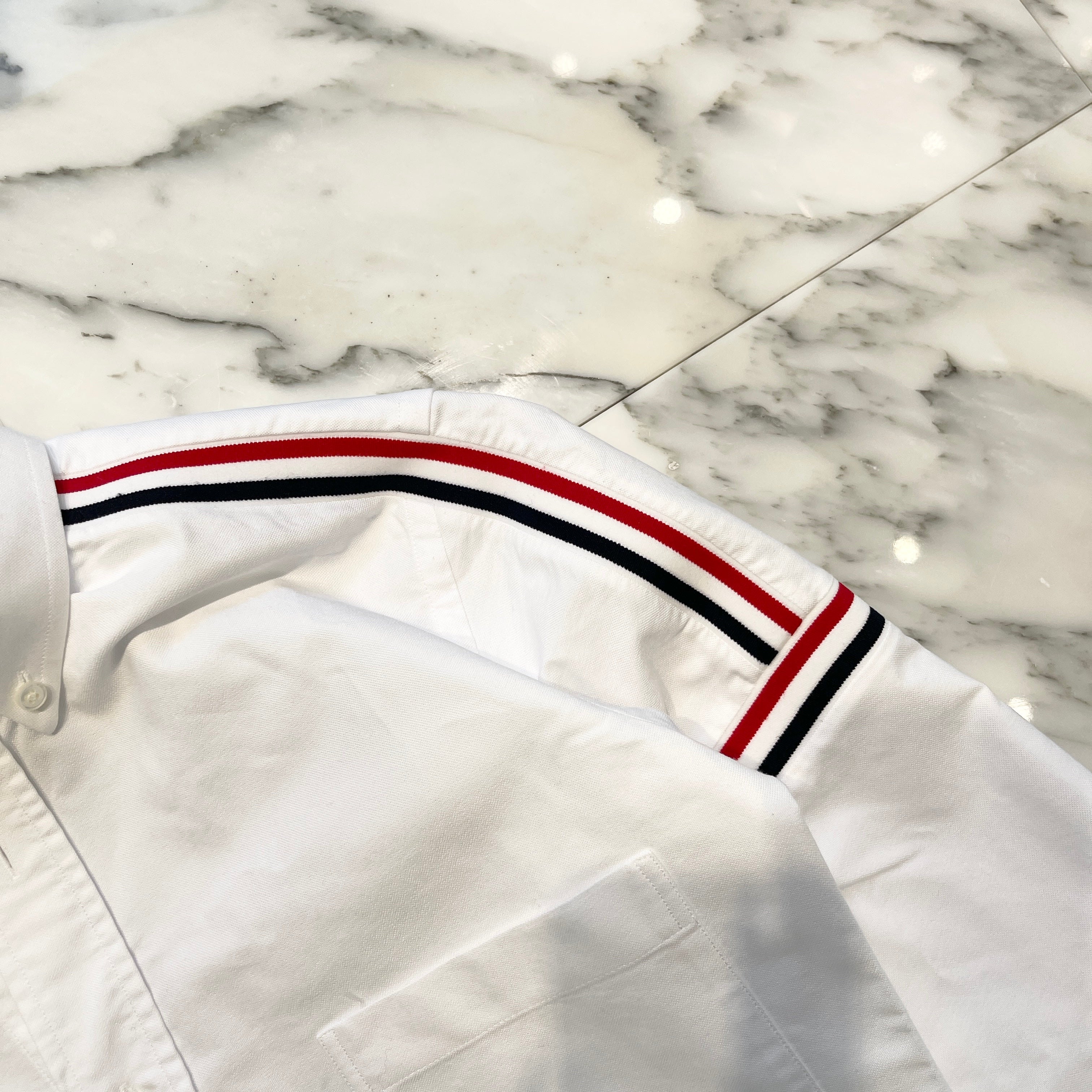 THOM BROWNE White Oxford Striped Elastic Seam Shirt MWL270A-00139100 Size 0 トムブラウン ホワイト オックスフォード ストライプ エラスティックシーム シャツ サイズ0