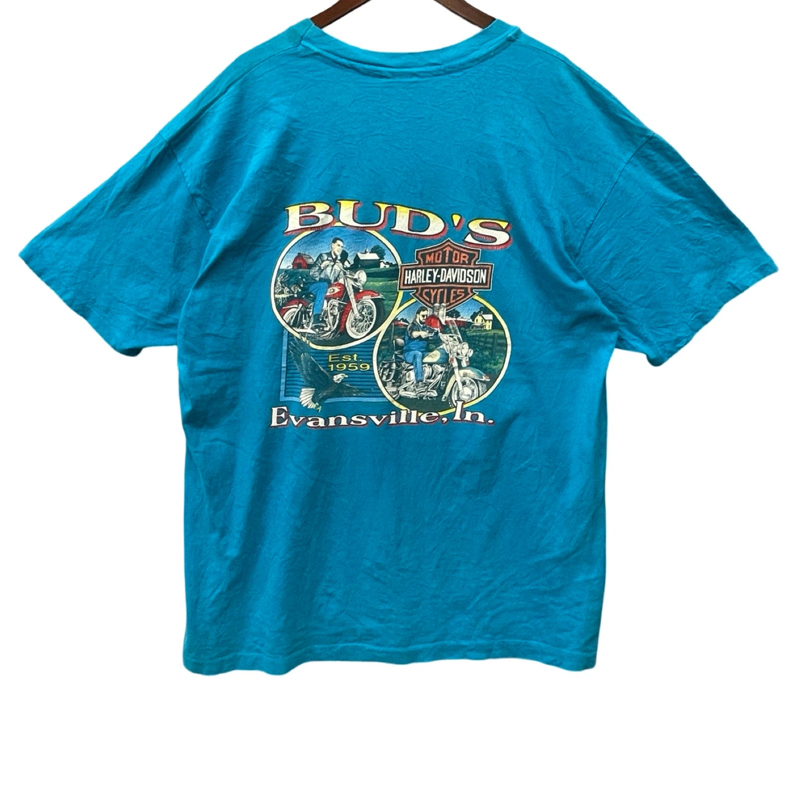 Vintage 90's Harley-Davidson "BLUD'S" Evansville 1959 S/S Tee Size XXL