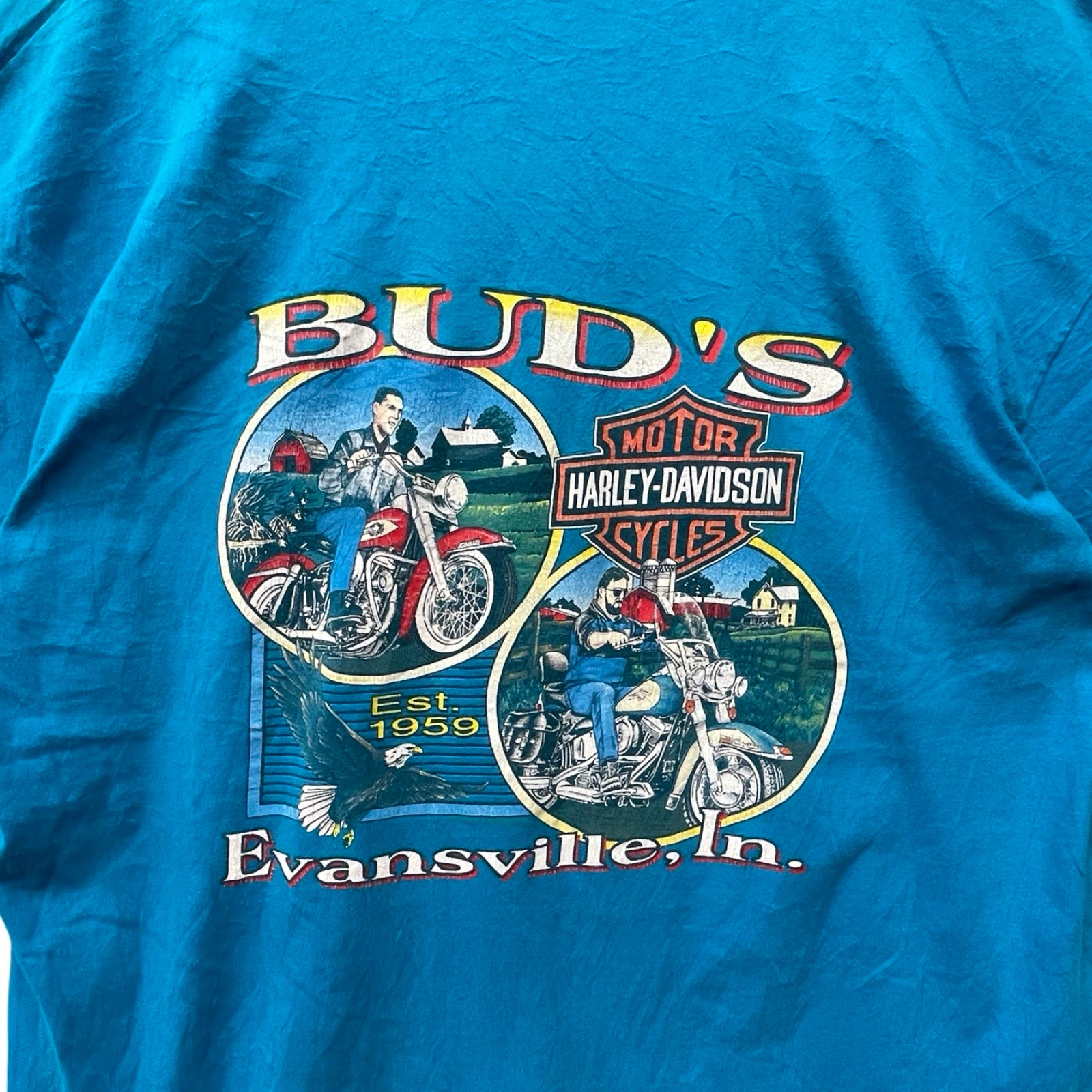 Vintage 90's Harley-Davidson "BLUD'S" Evansville 1959 S/S Tee Size XXL