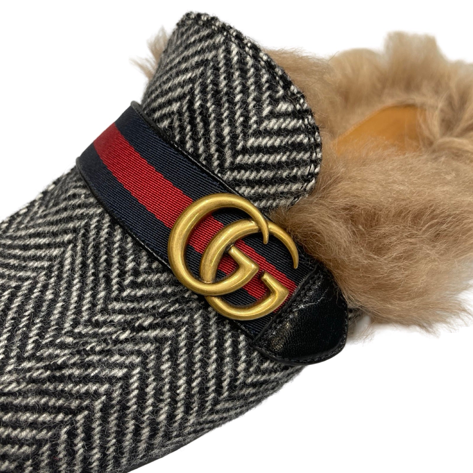 GUCCI Princetown Herringbone Fur Sandals Size 8